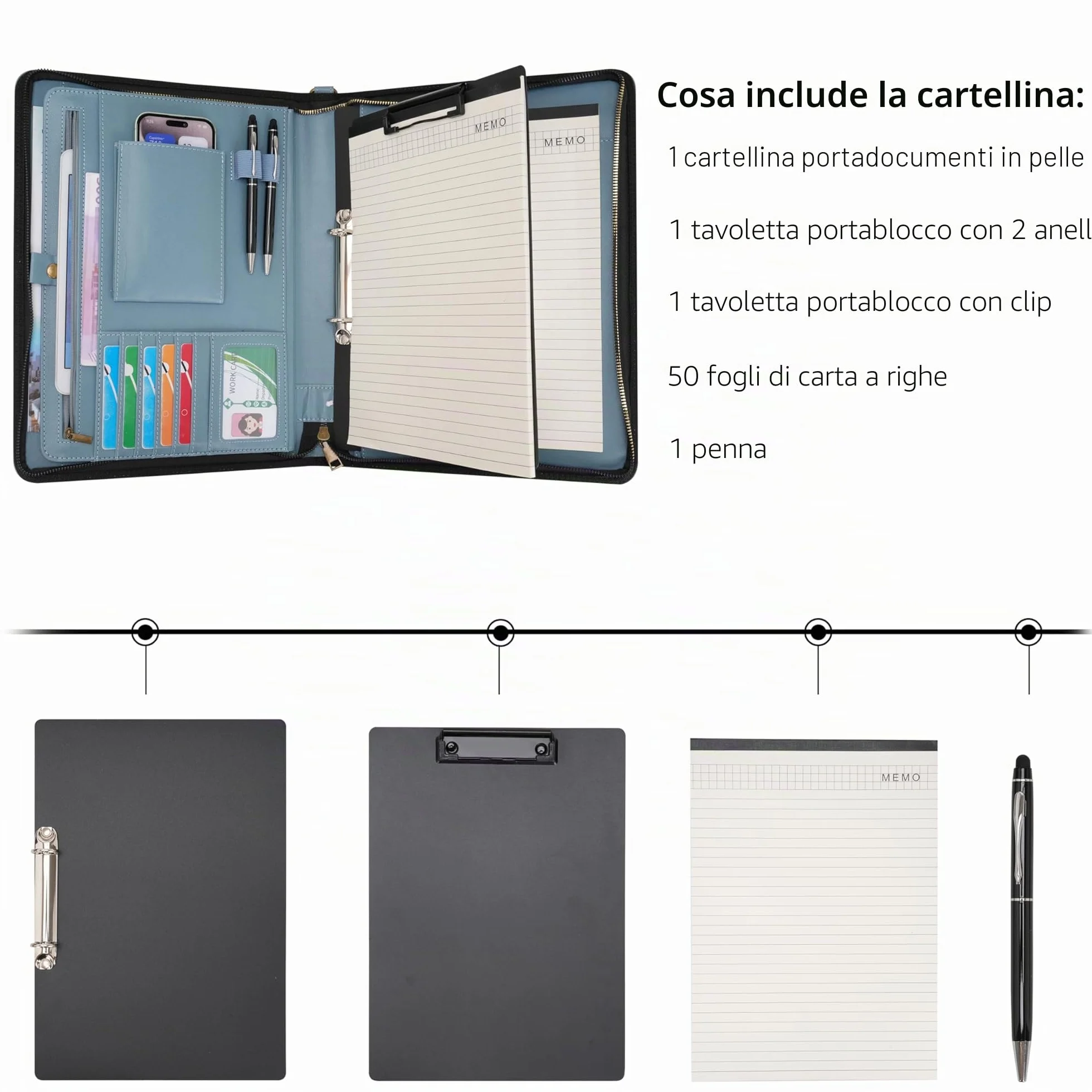Wason Cartella A4 con Cerniera Portafoglio Pelle PU Raccoglitore Anelli Staccabile Supporto Blocco Note Organizzatore Ufficio Viaggi Scuola Blu nebbia