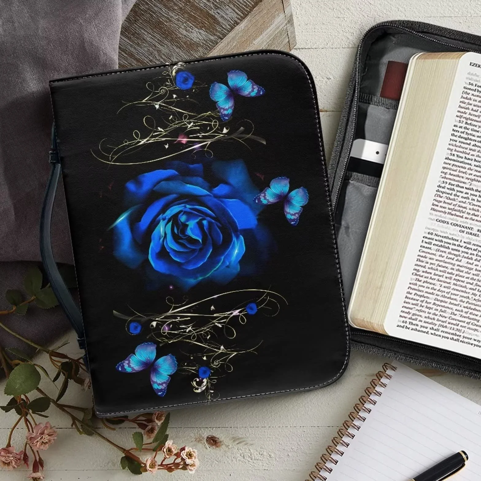 Copri Bibbia per Donna Rosa Farfalla Custodia Pelle Borsa Trasporto Porta Bibbia Floreale Ragazze Accessori Regalo Cresima Cristiana Manico