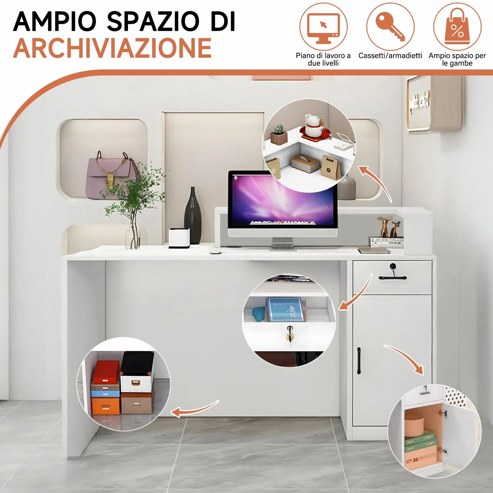 Bancone Reception con Cassetto e Ripiani Aperti, 100–240 cm Banco Reception Moderno per Uffici, adatto per Saloni, Hall e Negozi al Dettaglio
