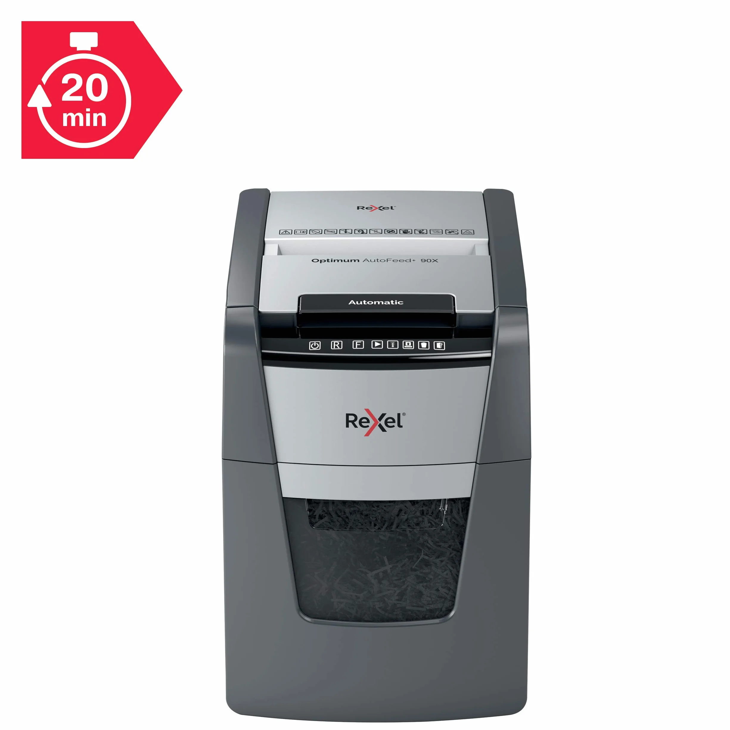 REXEL Optimum Auto Feed+ 90X, Distruggi documenti Automatico, 90-99 Fogli (80-70 gr/mq), Taglio a Frammento, Livello di Sicurezza P-4, per la Casa e per l'Ufficio, Capacità 34 Litri, 2020090XEU