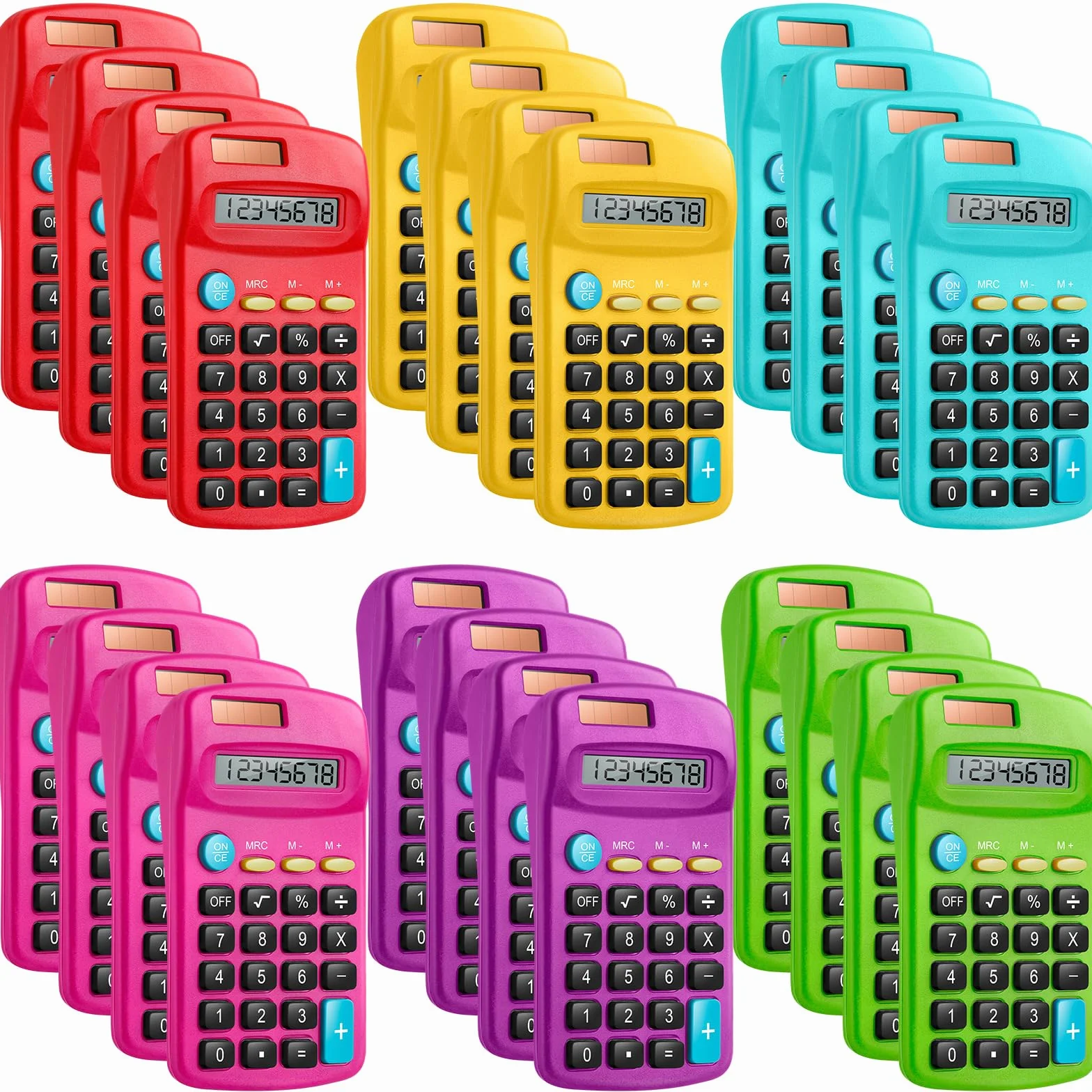 Confezione da 24 mini calcolatrici tascabili per studenti ad angolo portatile, display a 8 cifre, batteria solare, doppia alimentazione, piccola calcolatrice per studenti, bambini, casa, ufficio (6