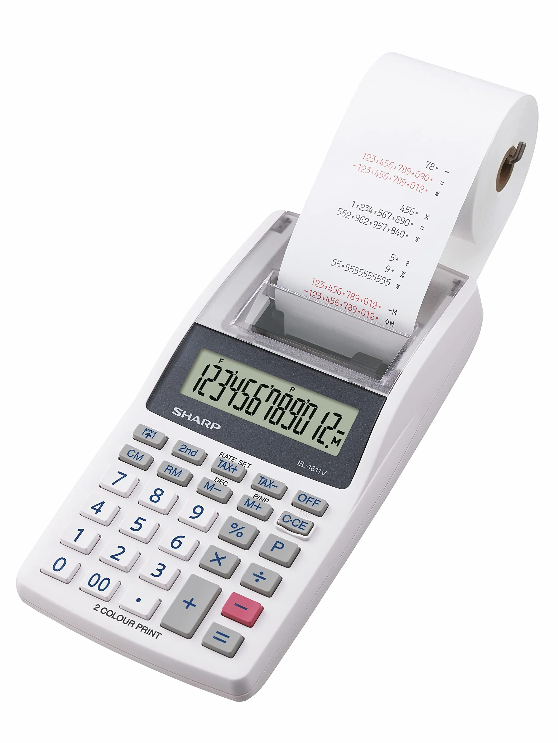 Sharp EL-1611V - Mini calcolatrice da tavolo grigio con display LCD a 12 cifre colori in stampa nero e rosso
