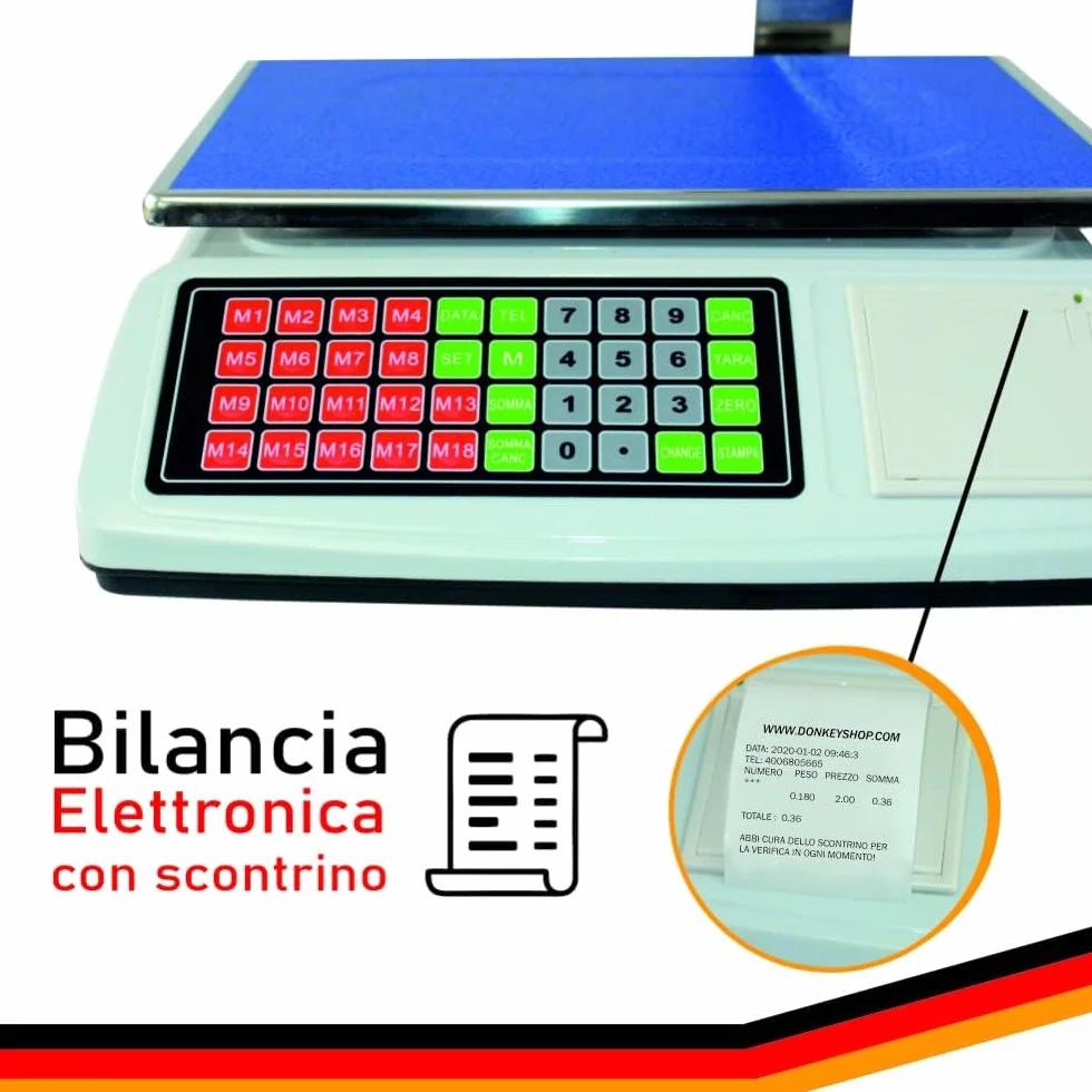 Bilancia da banco Bilza con scontrino elettronica portata 50kg, 6 display LCD retroilluminati, memoria prodotto, stampa ricevuta