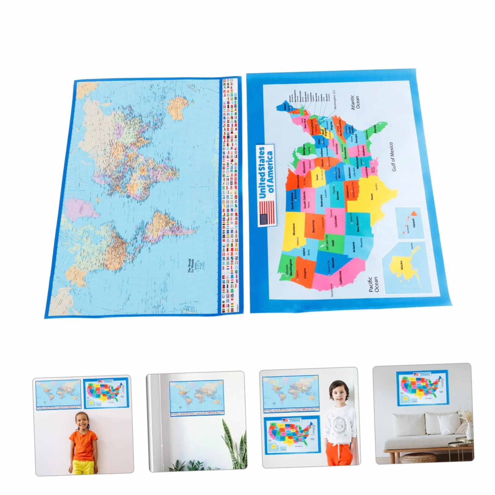 Veemoon Poster Educativo Mappa Del Mondo e Stati Uniti 40x60 Cm Set 2 Pezzi