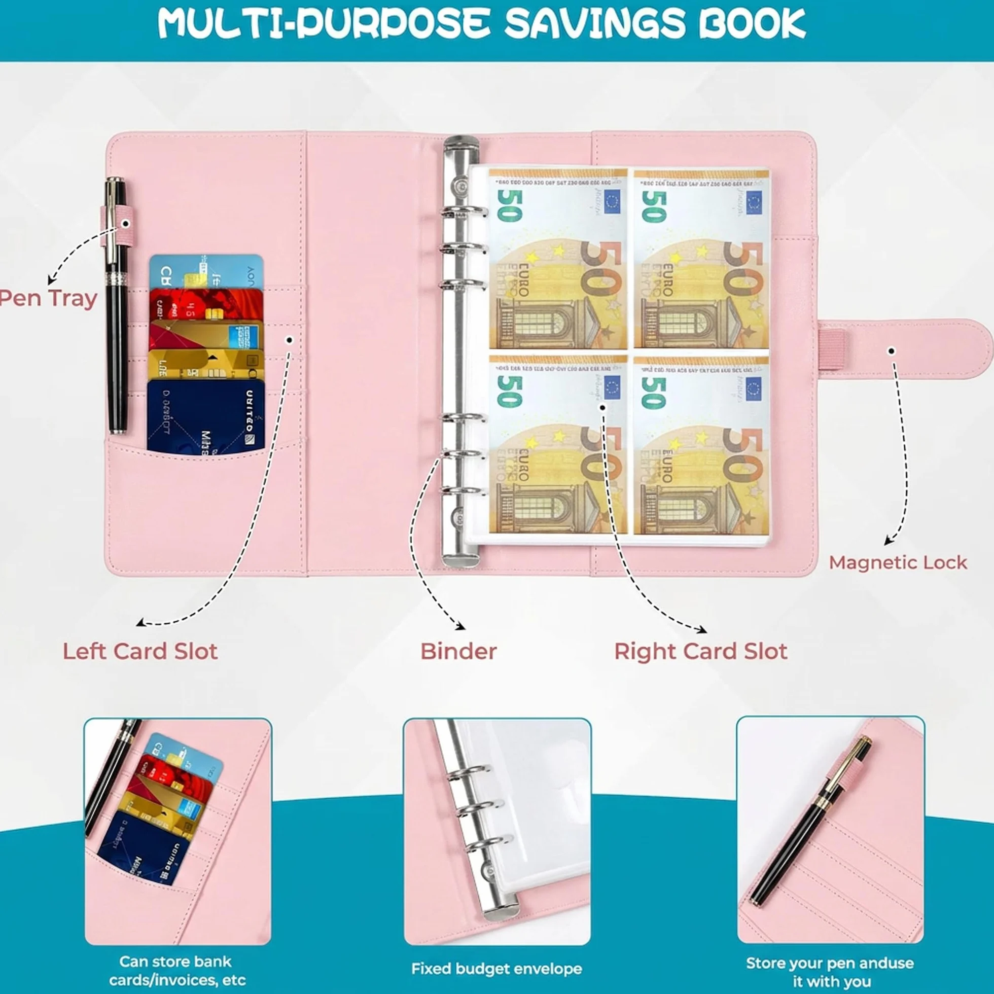 Libro del Risparmio A5, Agenda Risparmio Soldi con Buste 5050€, Budget Planner per Risparmiare (Rosa)