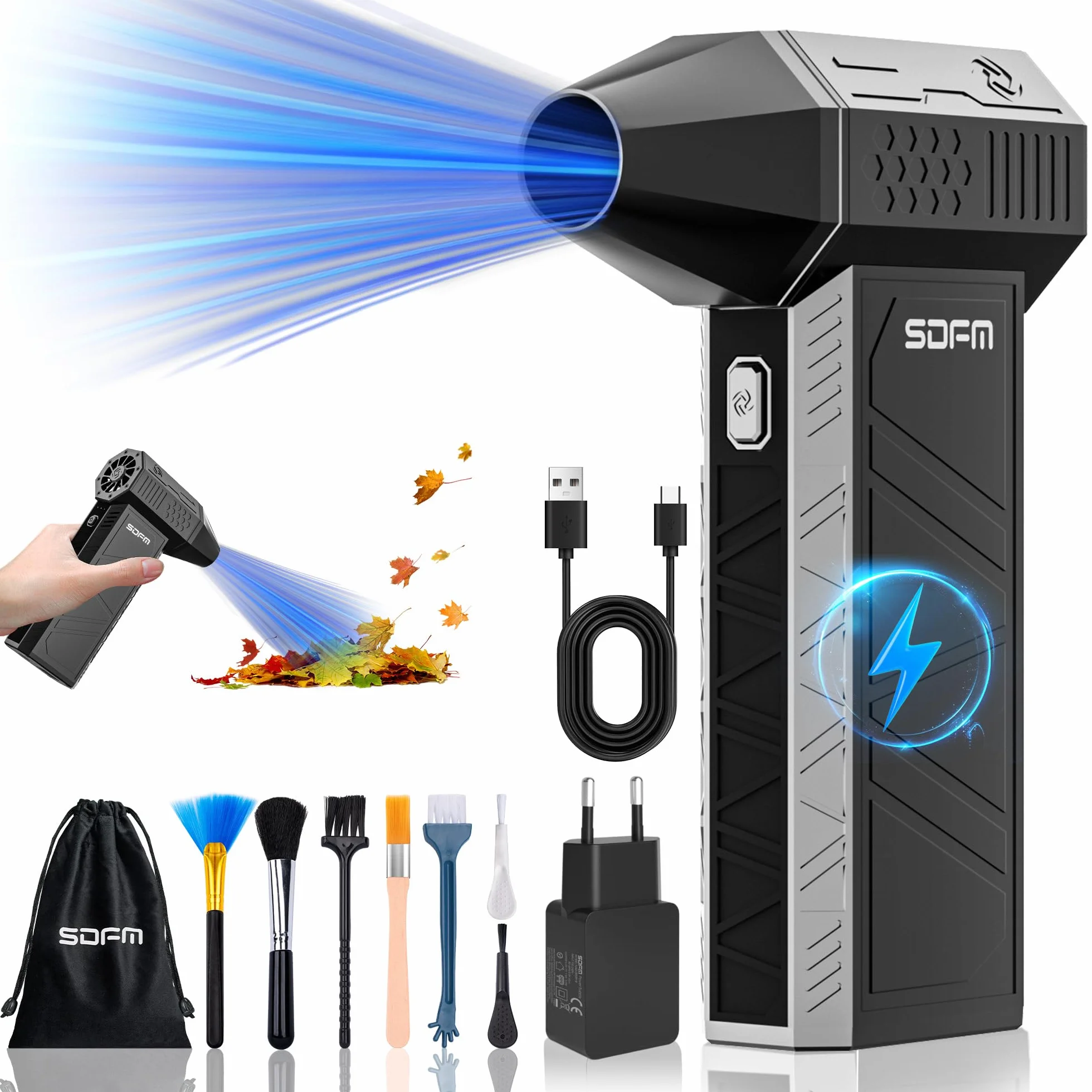 SDFM Soffiatore Aria Compressa, 130,000 RPM, 3 Velocità Elettrico Aria Compressa, con Protezione Intelligente, Senza Fili e Ricaricabile, per Pulizia di PC, Tastiera, Auto e Divano (Black)