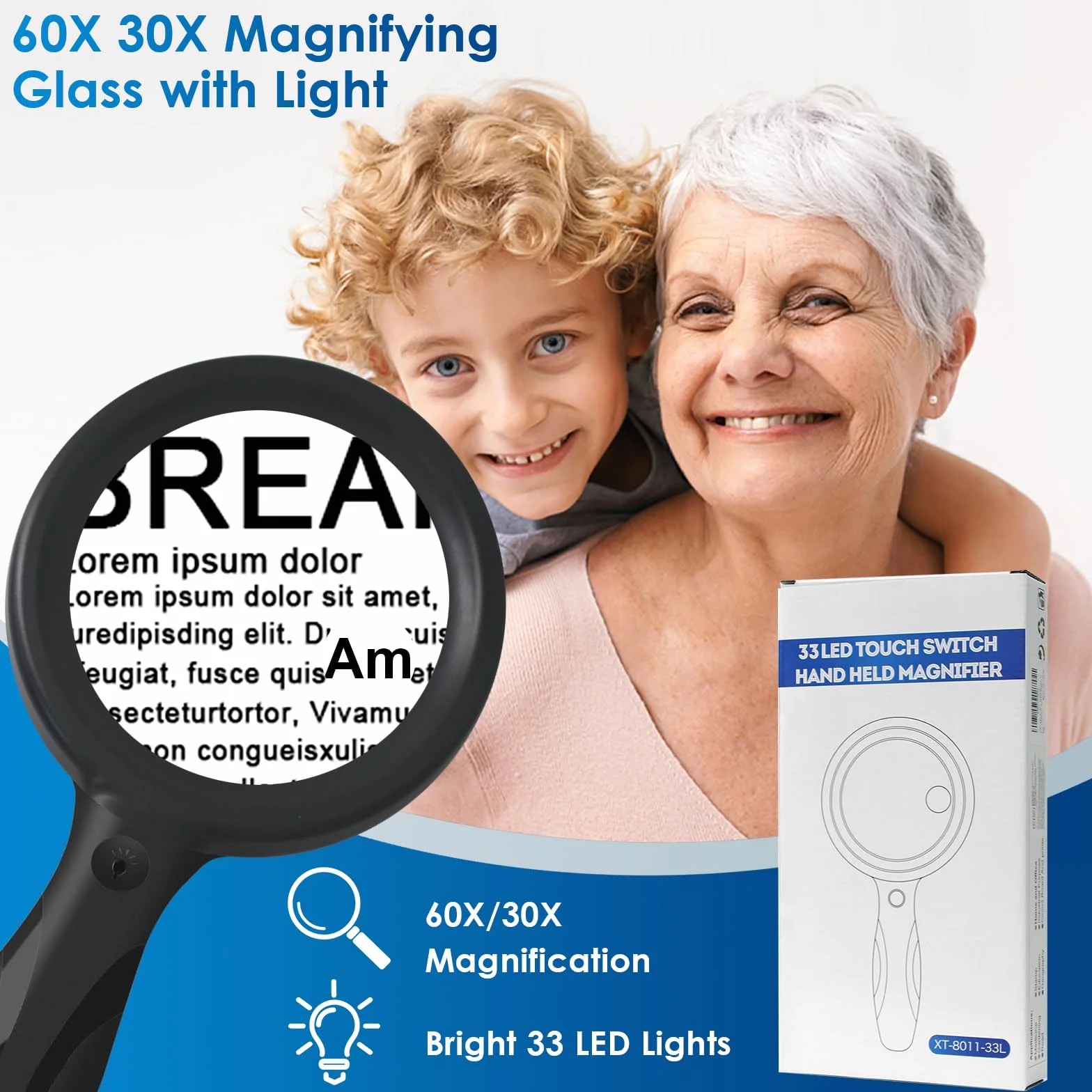 Lente d'ingrandimento con Luce 33 LED Ricarica USB 3 Modalità 60X 30X per Lettura Ispezione Esplorazione