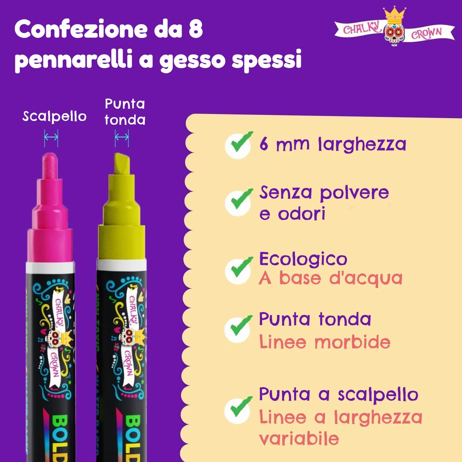 Pennarello Lavagna Cancellabili Punta Grossa 6 mm 8 Pezzi - Colori Intensi Punta Reversibile - Chalky Crown