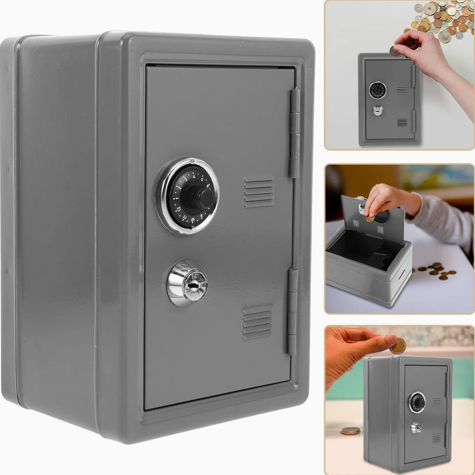 Ciieeo Mini Cassetta di Sicurezza in Ferro Argento Doppio Meccanismo di Chiusura e Funzione Antipry, Scatola Serratura per Casa e Ufficio