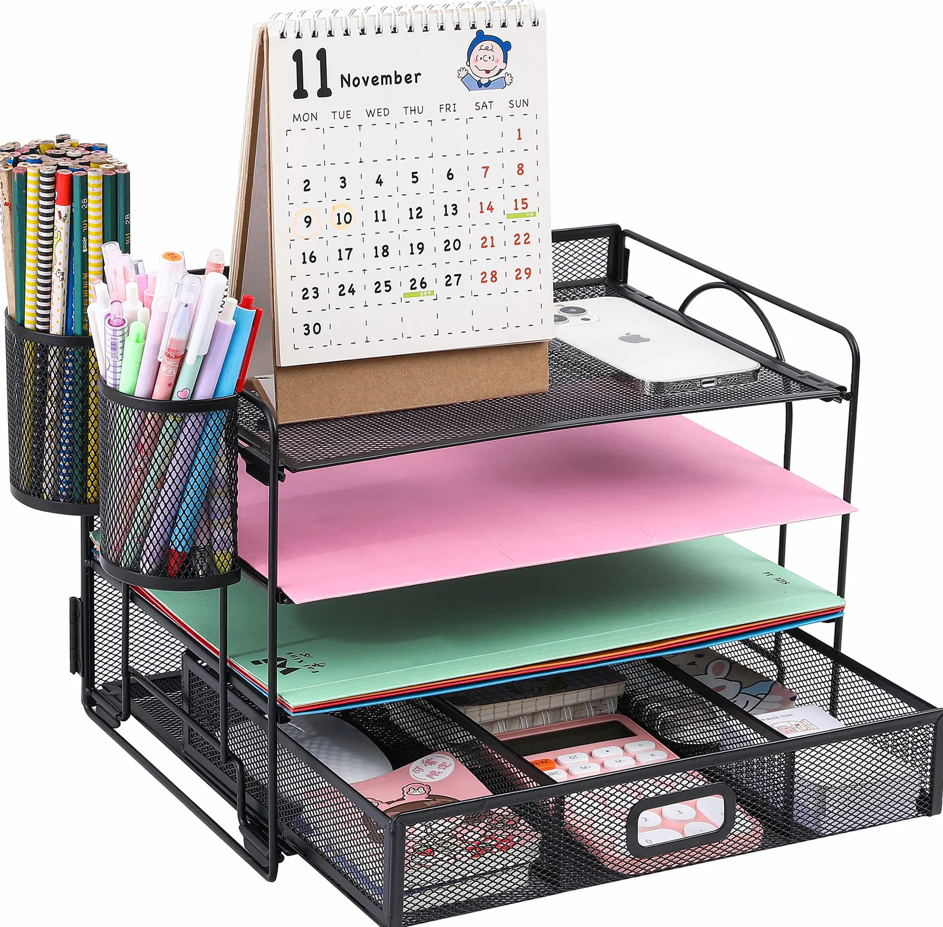 Organizer per File Desktop a 4 Vassoi, Organizer per Scrivania in Rete per Ufficio, Organizer per Documenti, Vassoio per Lettere con Cassetto per Ufficio a Casa(2 portapenne)