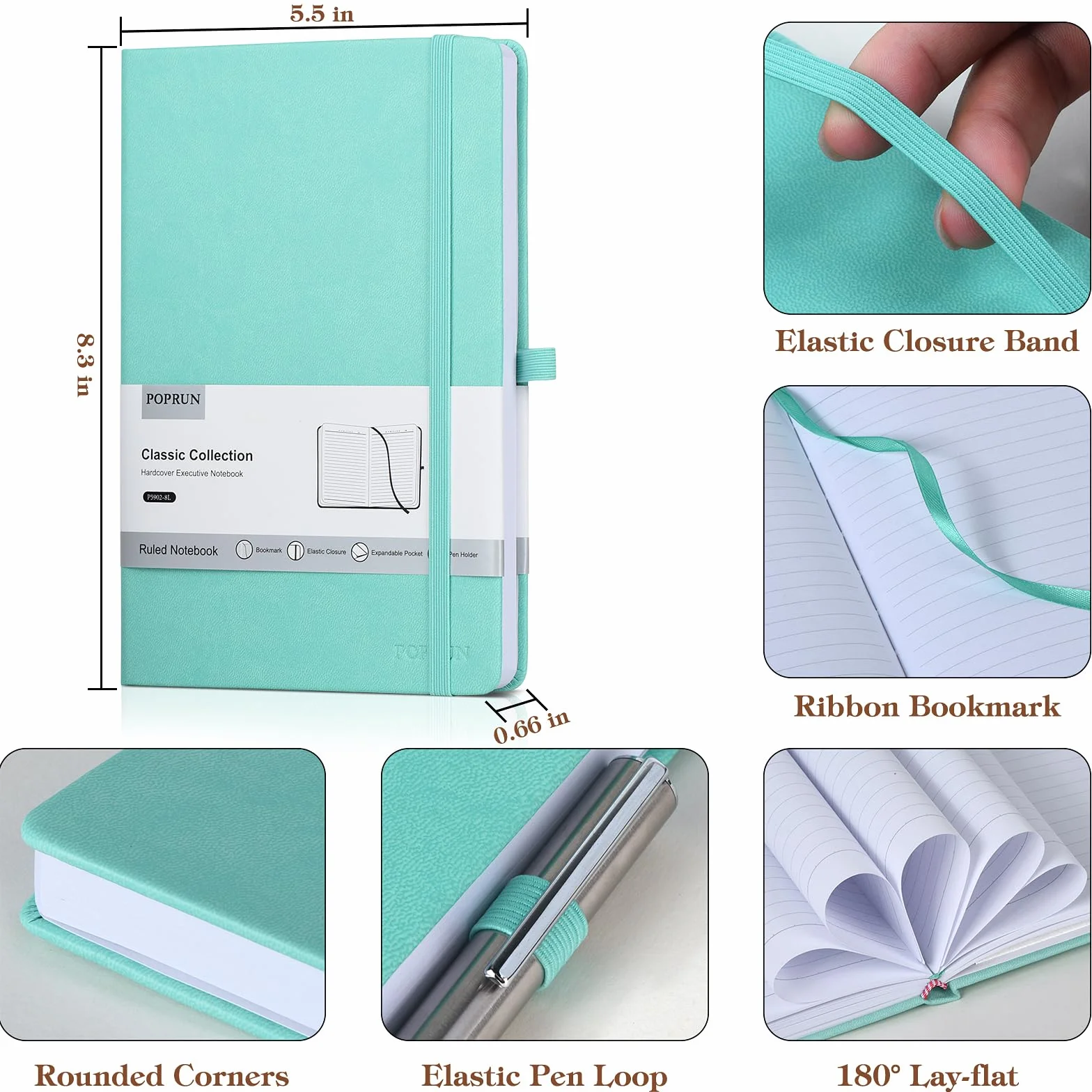 POPRUN Taccuino a Righe A5 Copertina Rigida, 240 Pagine, Set 8 Colori | 14 x 21 cm, 70 g/m², Pelle Vegana, Classico Quaderno Appunti di Linea, Tasca Interna, Chiusura ad Elastico, Portapenne