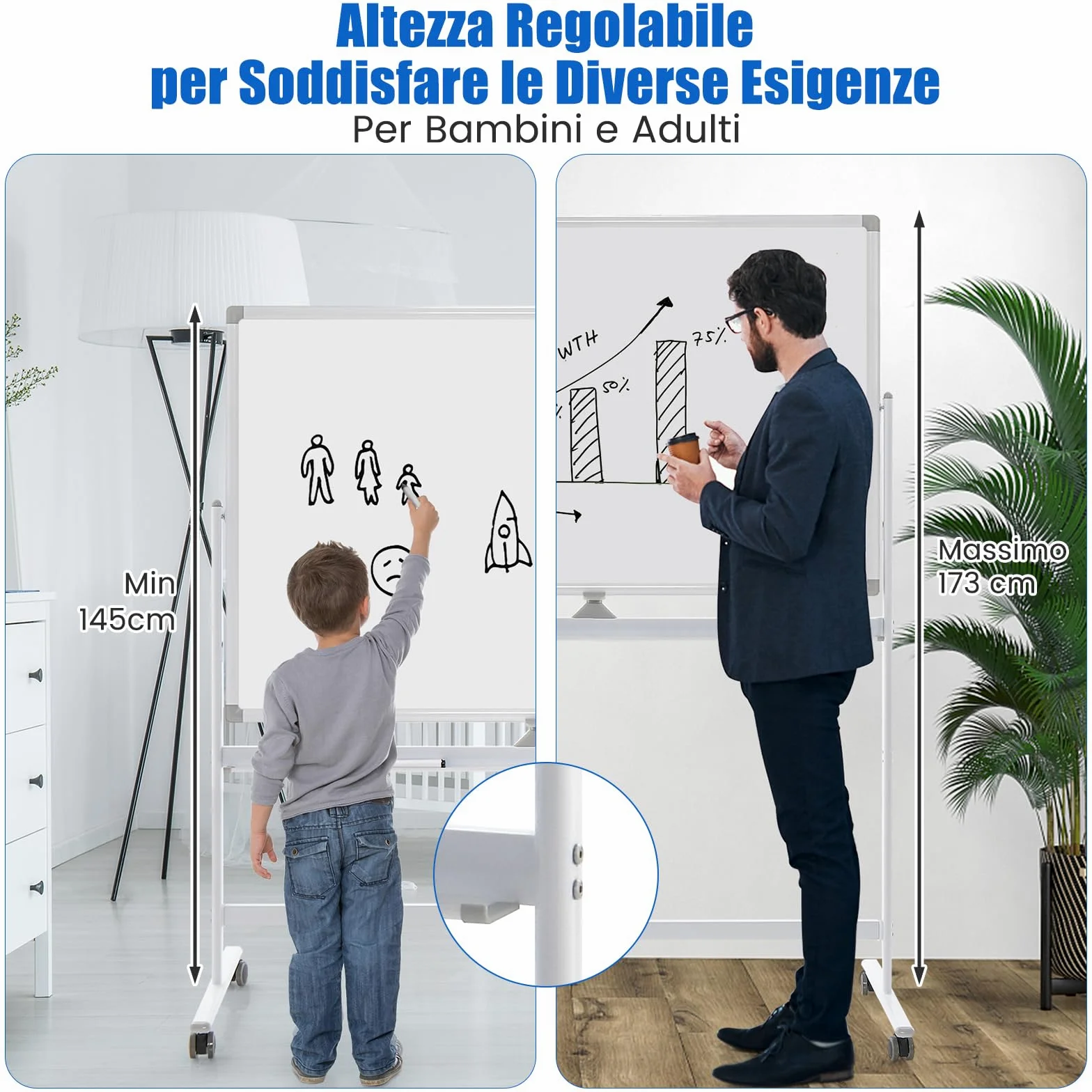COSTWAY Lavagna Bianca Mobile 120 x 80 cm, Lavagna a Doppia Faccia Magnetica Cancellabile a Secco con Cavalletto e Ruote, Altezza Regolabile 2 Livelli, Accessori Completi (Bianco)