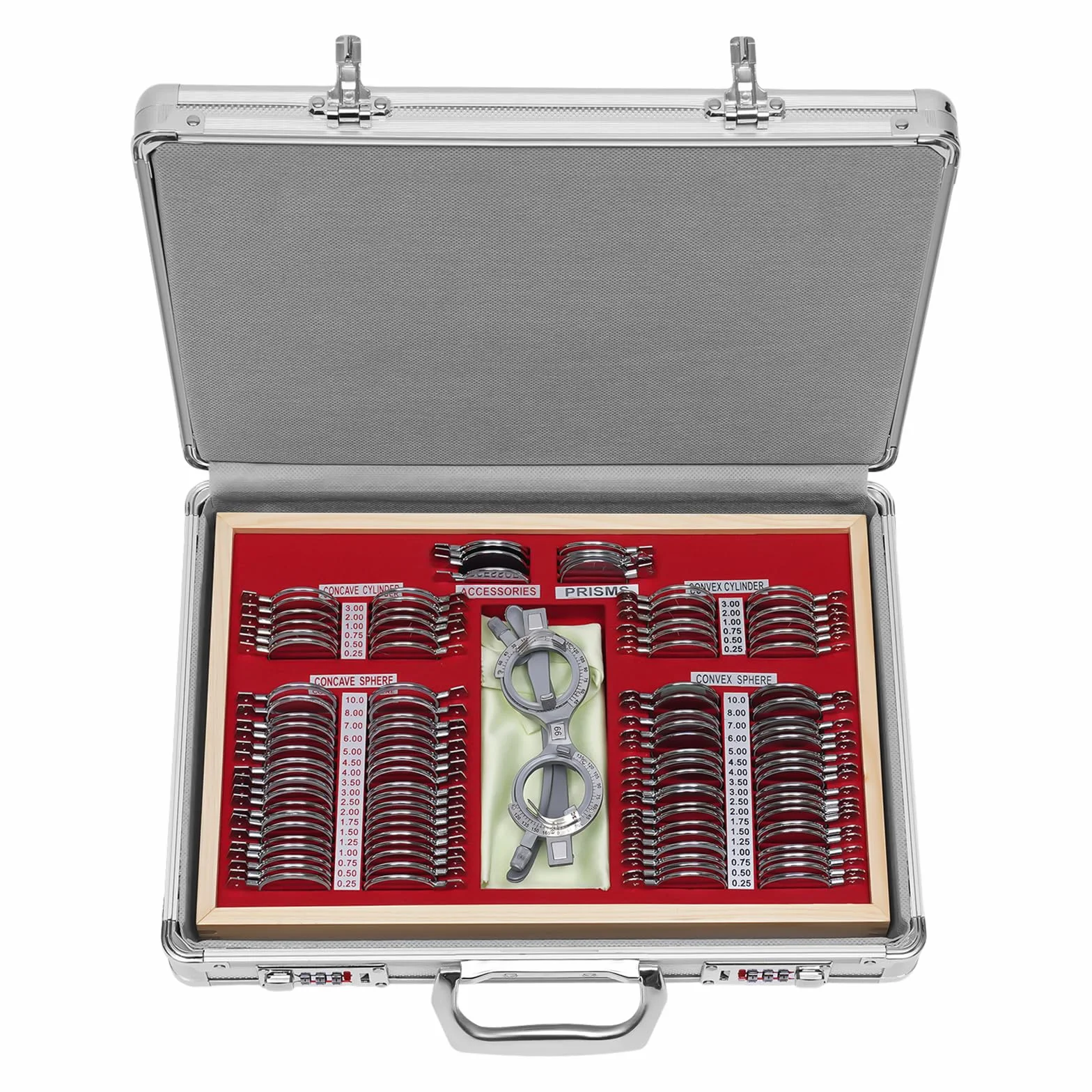 Set di 104 lenti di prova optometria in metallo, con telaio di prova optometria con accessori gratuiti + custodia, per ottici e cliniche Oftalmiche