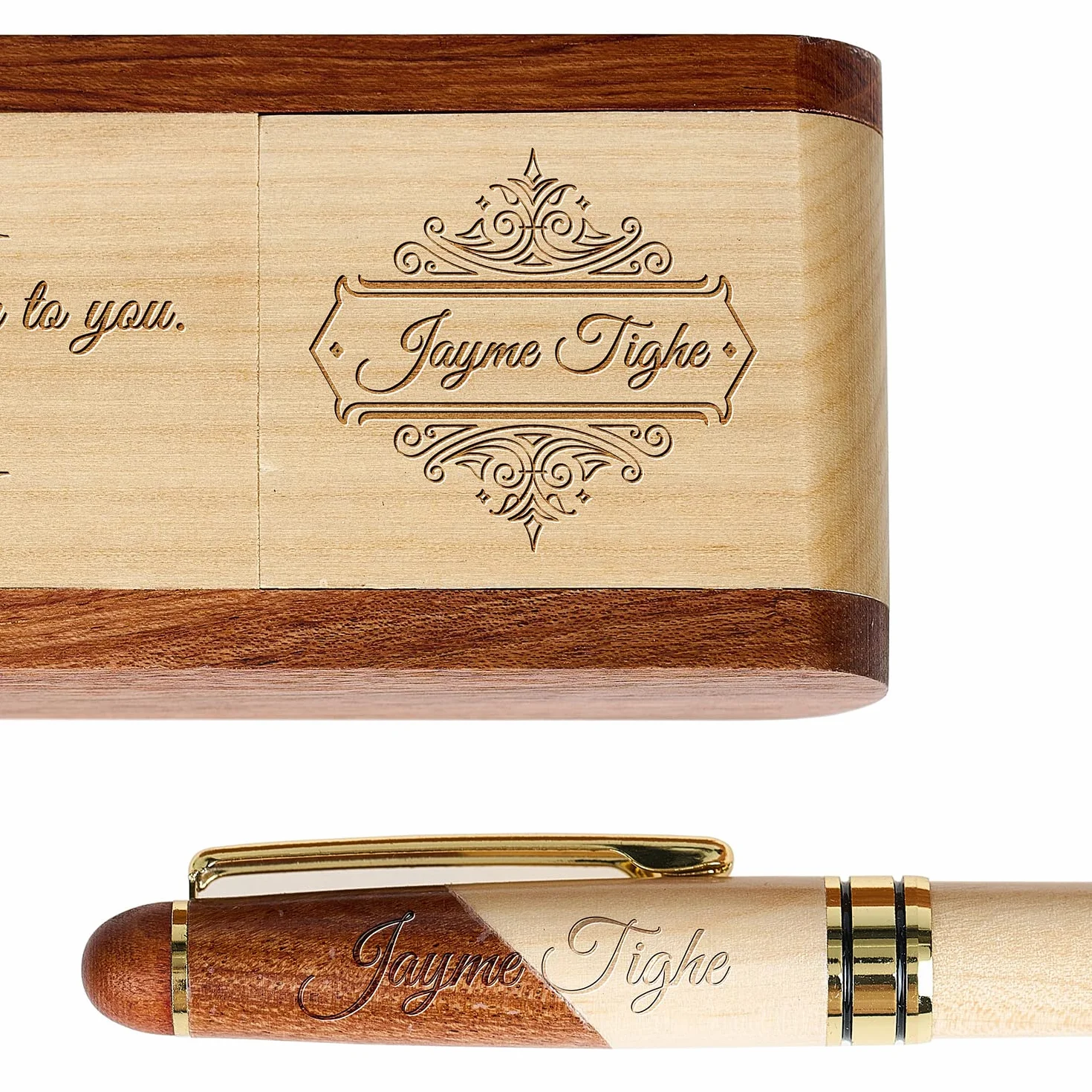Set di penne in legno incise, penna esecutiva e scatola con personalizzazione gratuita, penna a sfera con custodia per regalo (B)