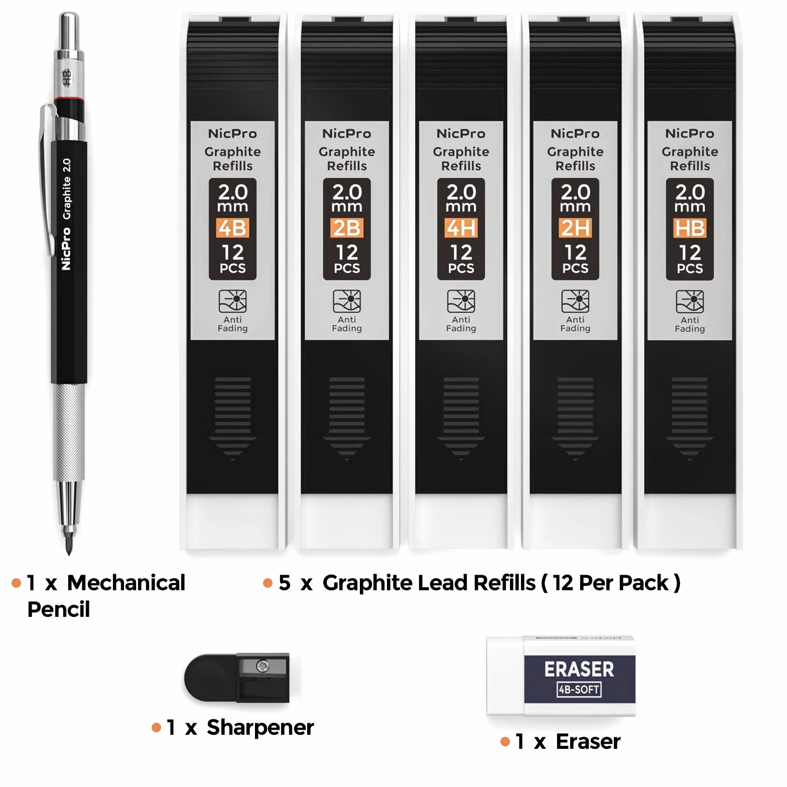 Nicpro 1 Pezzo Matita Meccanica 2mm Portamine Falegname Set con 5 Mine Grafite HB 2H 4H 2B 4B Nero