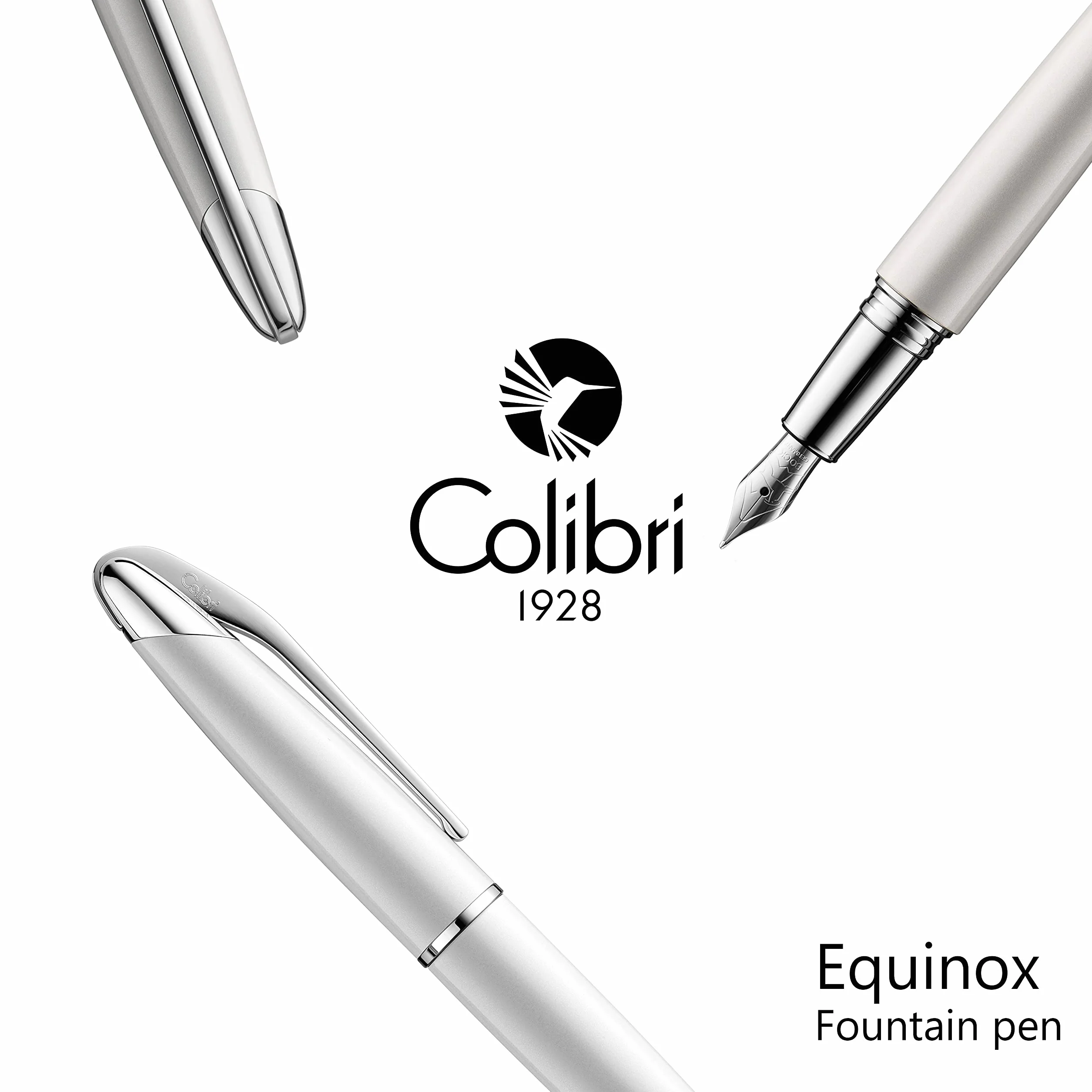 Colibri Penna stilografica Equinox-in acciaio laccato bianco clip a molla cromata-Penna di lusso-Pennino Bock medio-Viene fornita in una elegante confezione regalo-Adatta per uomini e donne.