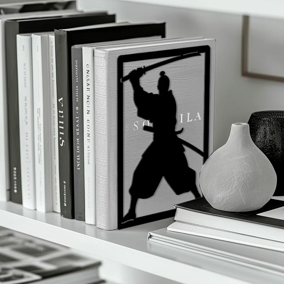 Peacoblue Fermalibri Originale in Metallo Nero, Fermalibri Samurai Giapponese Design Moderno Ferma Libri Decorativo per Ufficio, Cucina, Mensola e Libreria, 1 Coppia