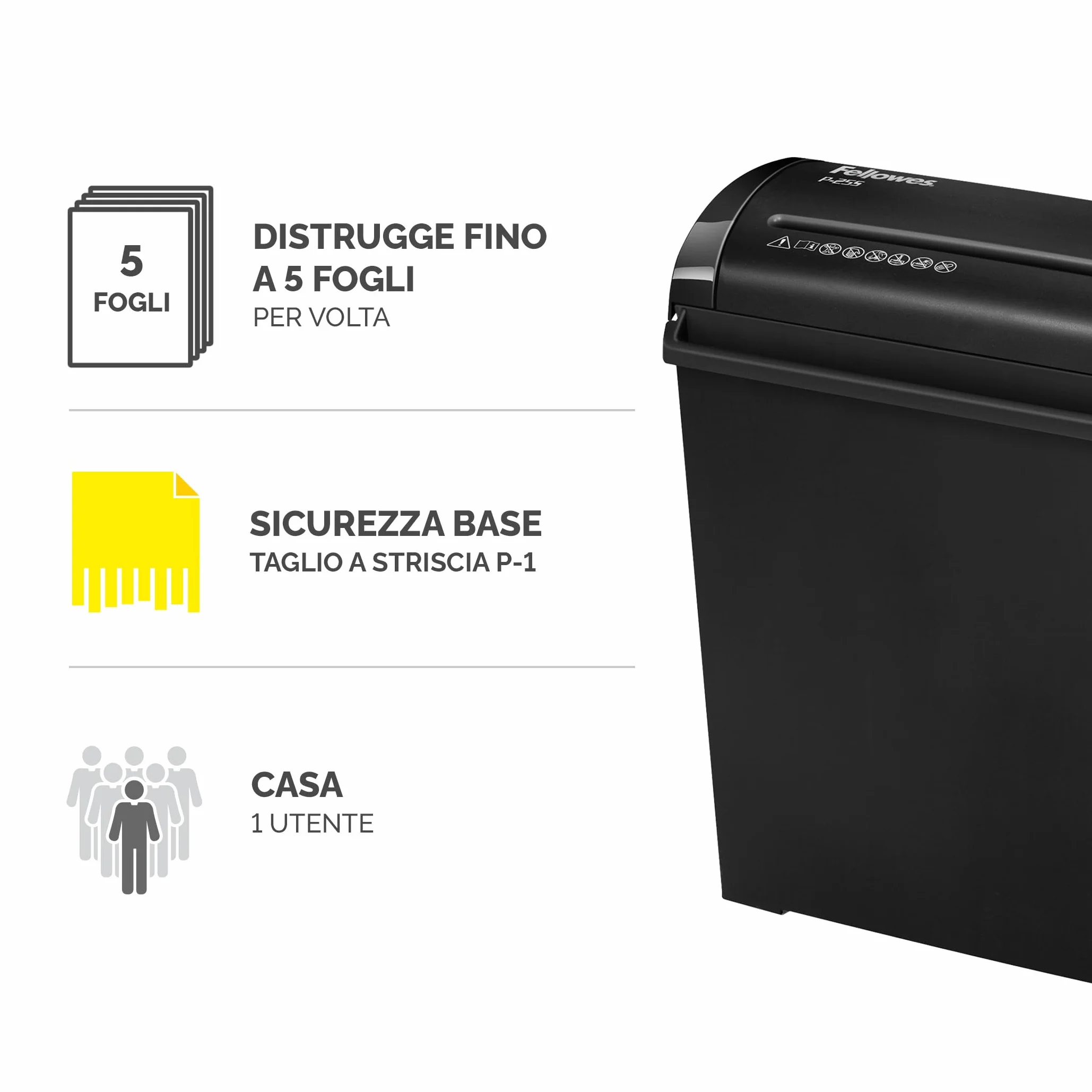 Fellowes Distruggidocumenti domestico - a strisce 5 fogli uso personale - ufficio cestino 11L - Powershred P-25s - Livello di sicurezza P1 - Nero