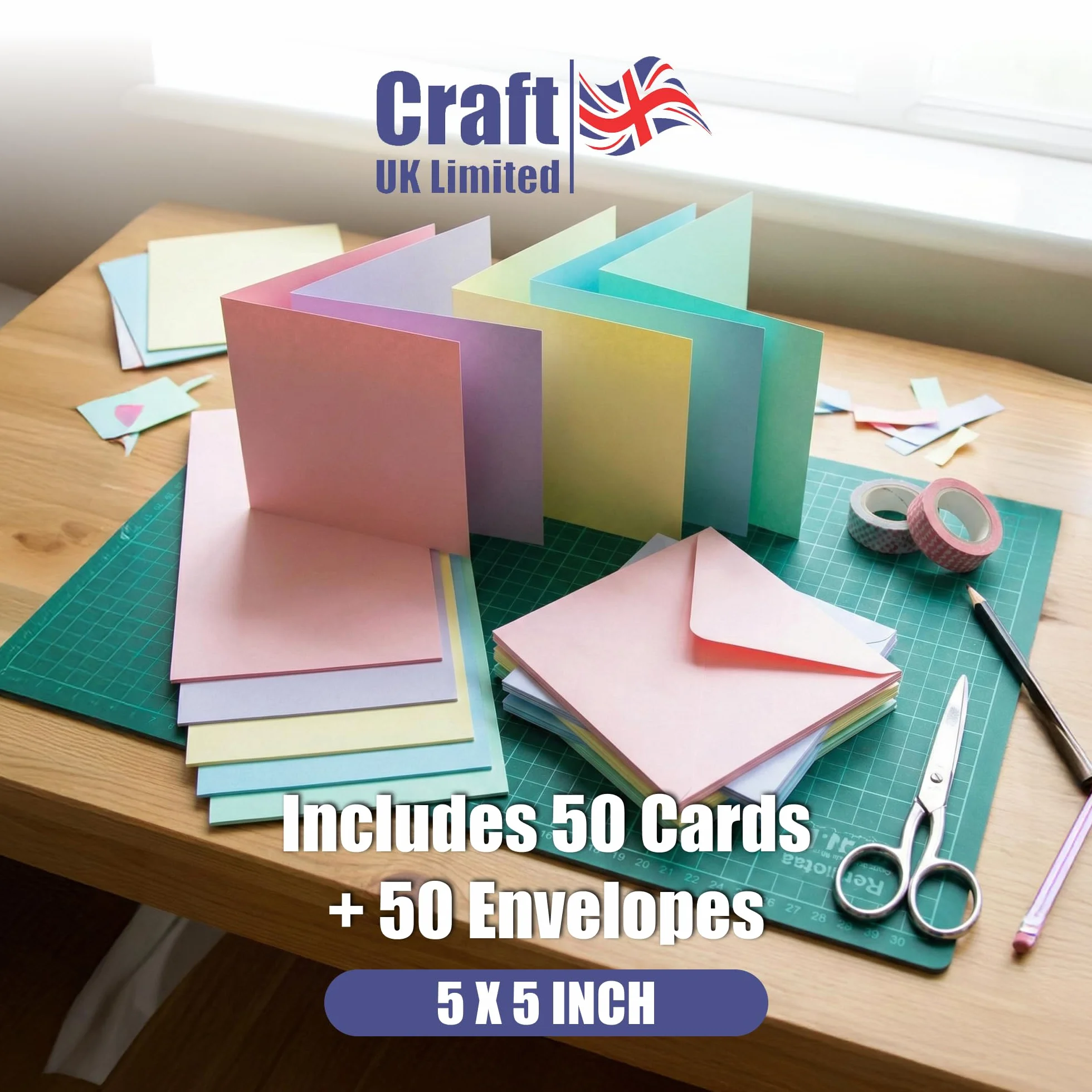 Craft UK 2350 Biglietti e Buste 5x5 cm Colori Pastello Confezione da 50