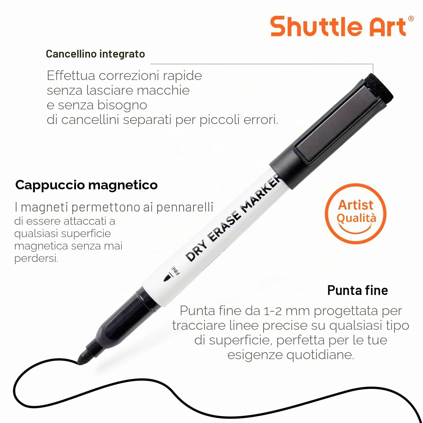 Shuttle Art Pennarelli Lavagna Bianca Cancellabili Punta Fine, 15 Neri, Pennarello Bianco Secco per Scritte Ufficio Casa