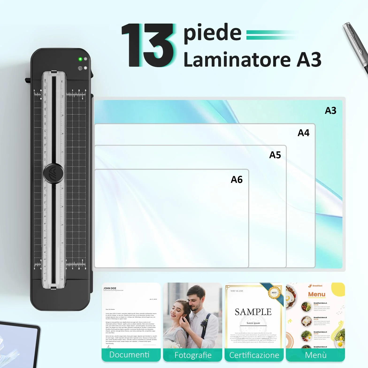 Plastificatrice A3 Integrata, Calda e Fredda, Con 20 Fogli di Pellicola di Laminazione per A4 A5 A6, Con Bordo Angolare, per Ufficio, Casa, Scuola