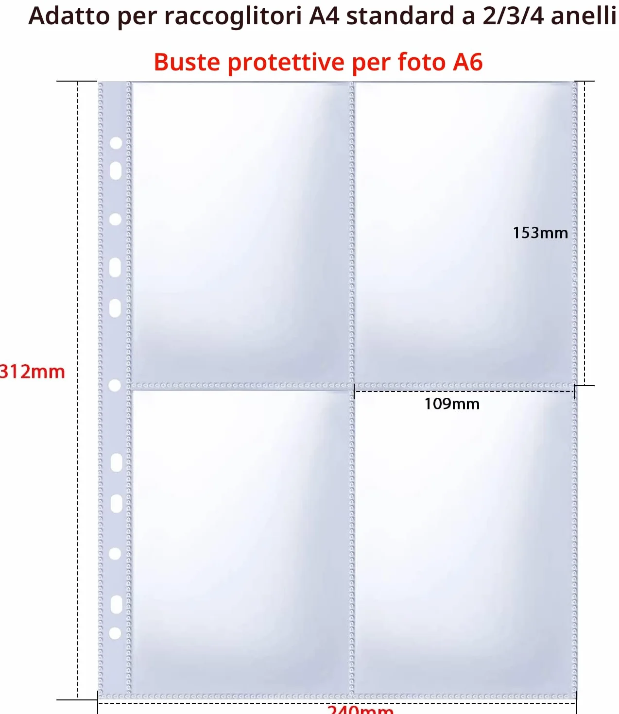 A4 Foto Maniche per Raccoglitore ad Anelli, Guaine Trasparenti per Cartoline, 4 Scomparti, Proteggi Pagine Fotografiche (109x153 mm), 240 Pezzi