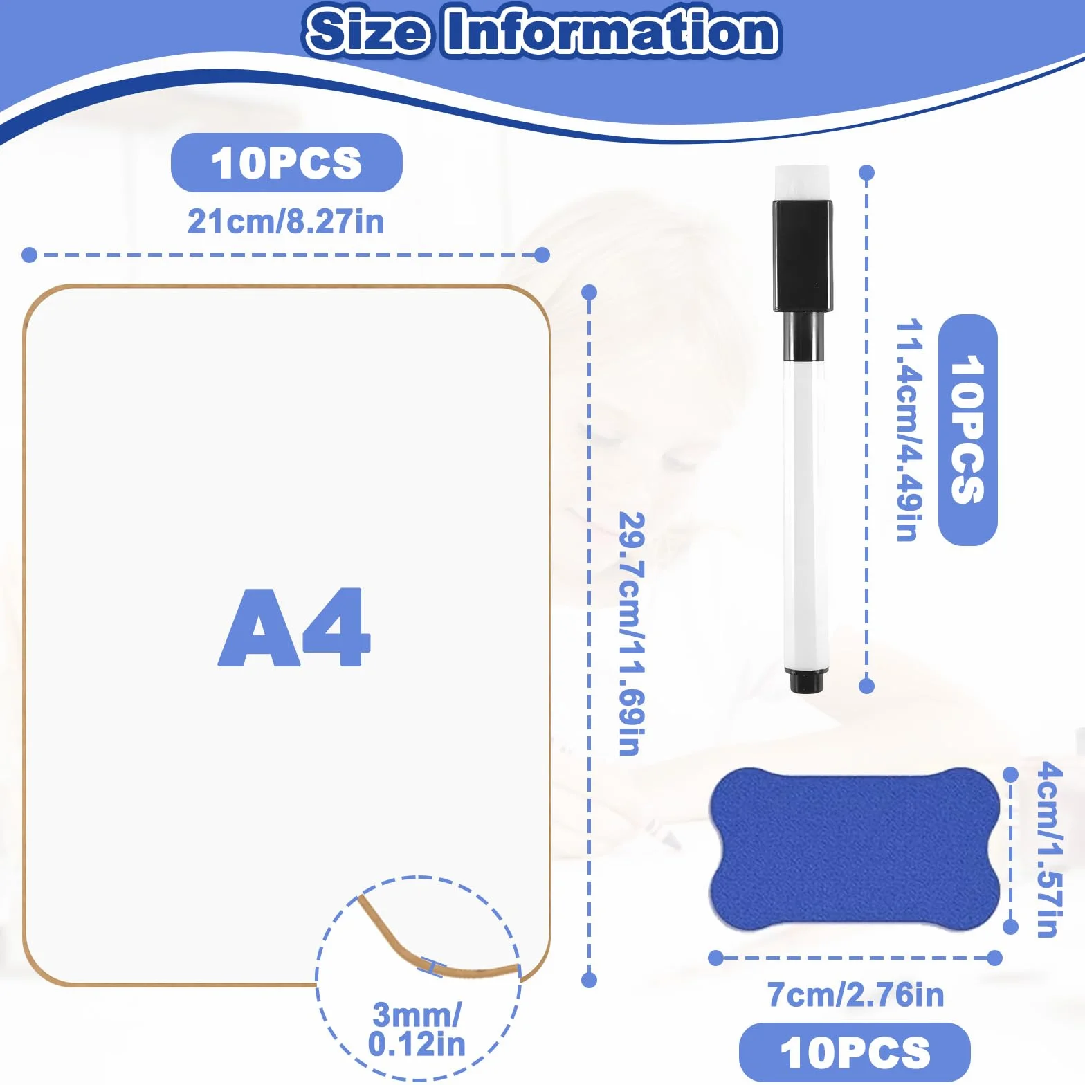 Set di 10 Lavagne Bianche Cancellabili a Secco A4 Doppia Faccia Portatili - con 10 Pennarelli e 10 Cancellini, per Ufficio, Studio e Uso Professionale (29.7x21 cm)