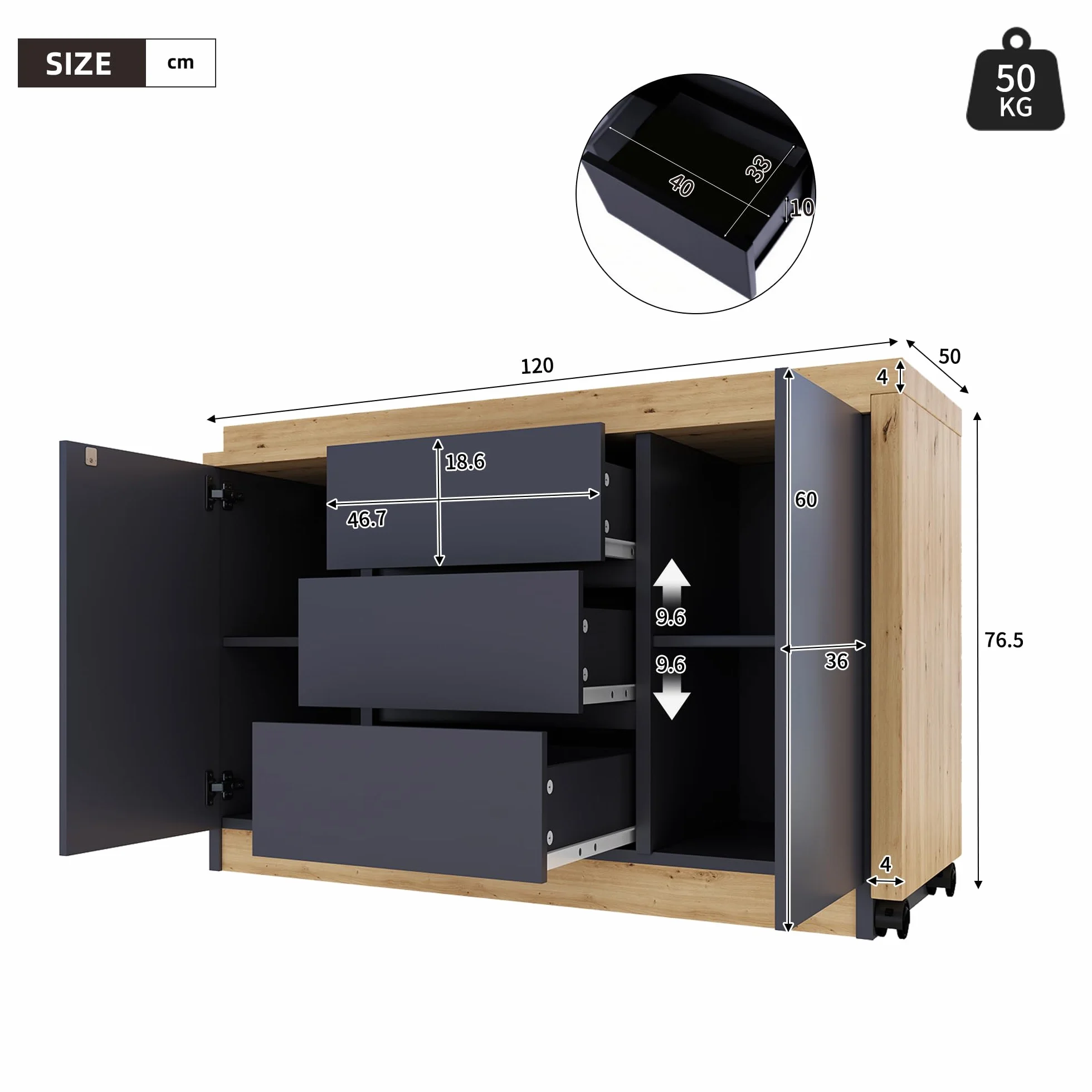 Scrivania con ruote bloccabili, design multifunzionale, 4 cm di spessore, piano girevole bloccabile, scrivania pieghevole, scrivania angolare, credenza (grigio + rovere)
