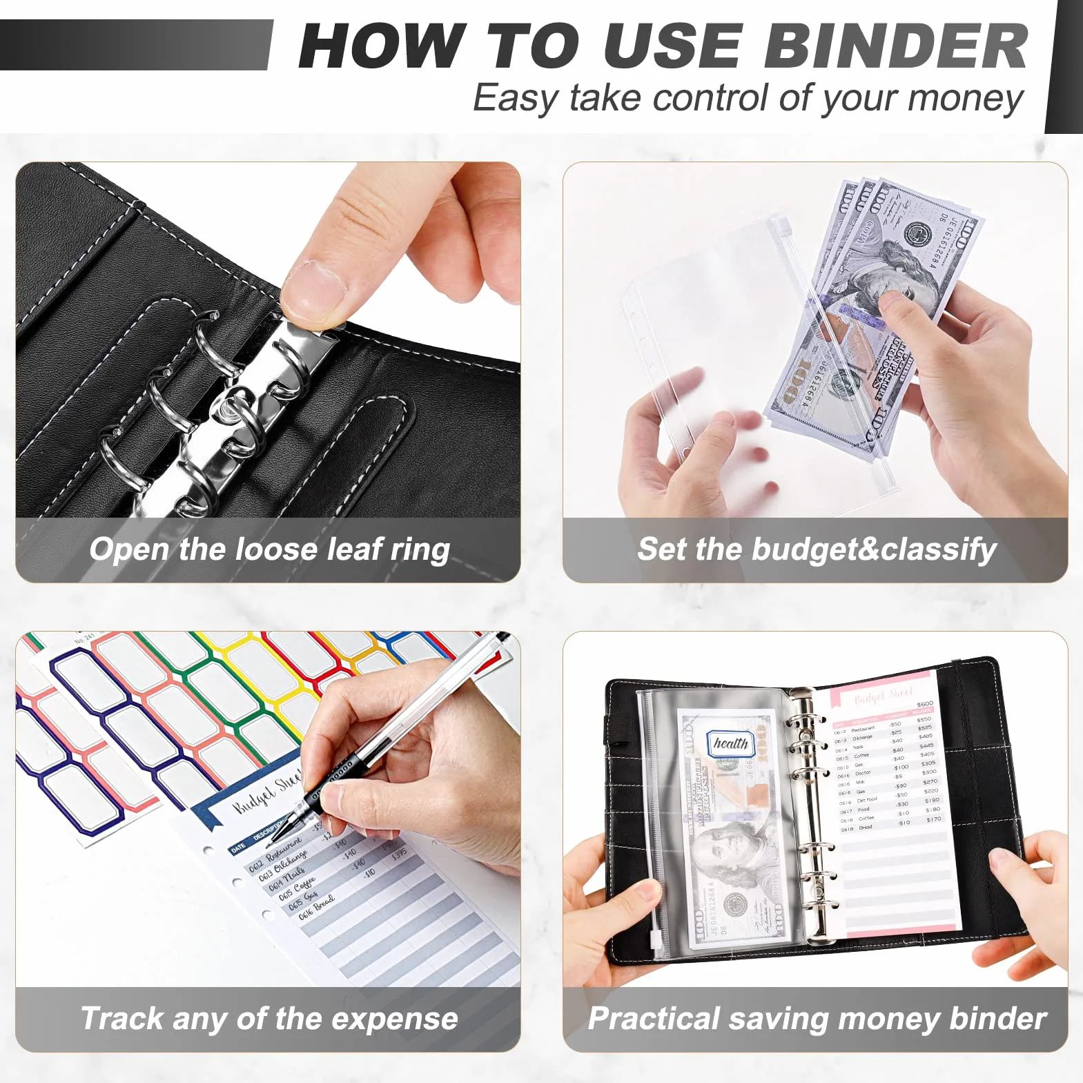 TAOPE Portadocumenti in Pelle PU A6 Binder Budget Set con 12 Sacchetti Trasparenti Cerniera, Nero Girasole