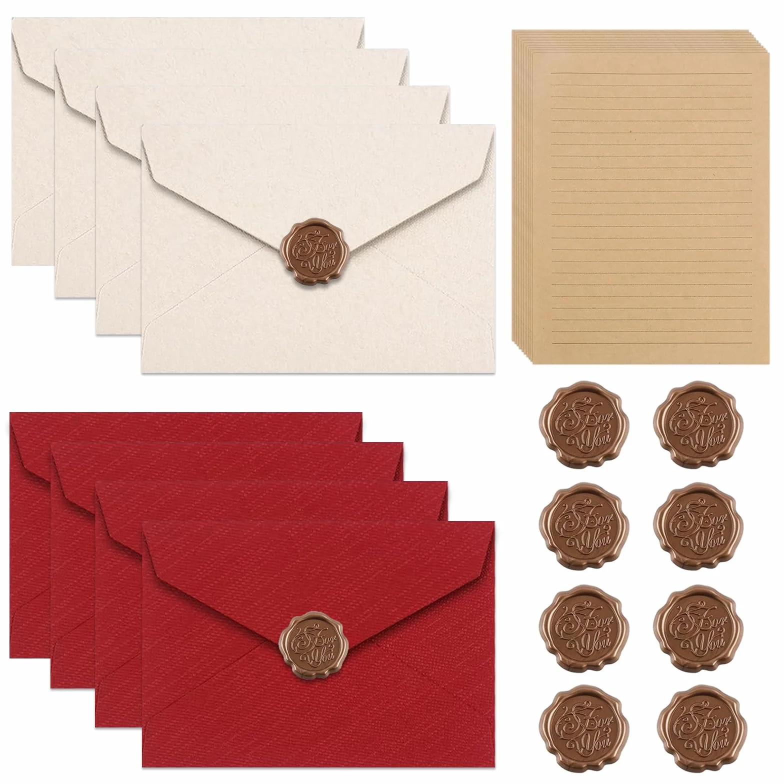 Set Carta da Lettere Vintage 36 Fogli A5 con 8 Buste Lino e Sigilli Cera Kraft