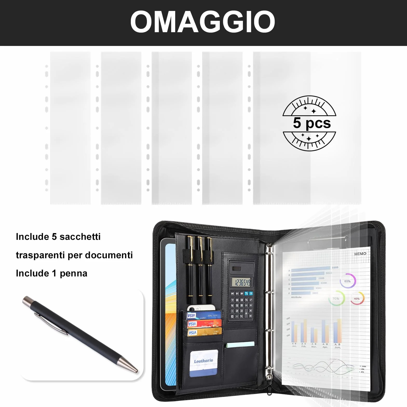Leathario Cartella Portadocumenti A4 PU Pelle Portablocchi Organizzatore con Quaderno