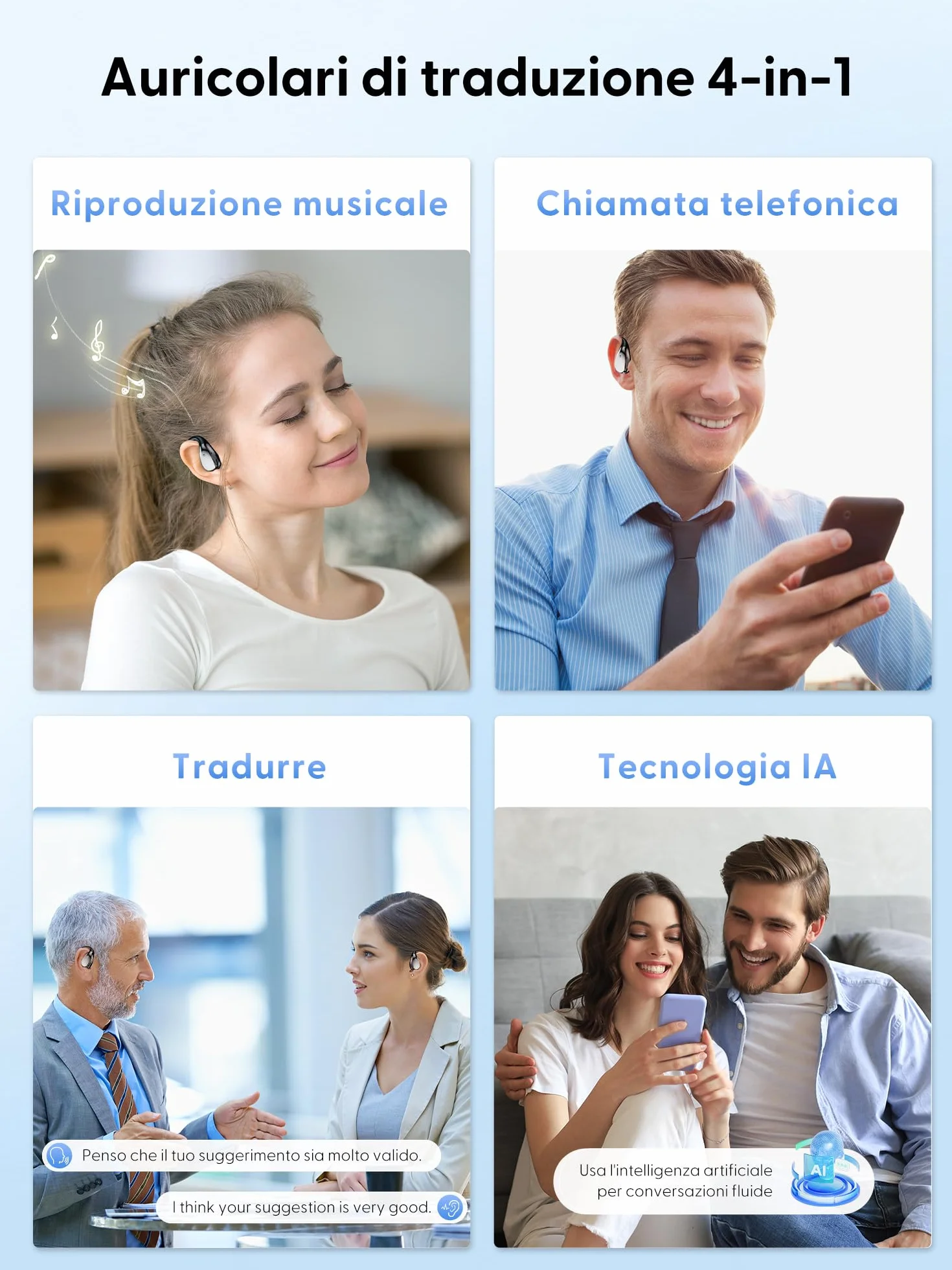 AI Cuffie Traduzione Simultanea Istantaneo: 164 Lingue Traduttore Simultaneo Vocale - Bluetooth 6.0 Auricolari Traduttori Istantanei - 4 in 1 Cuffie Traduttore Istantaneo per Viaggi Affari e Studio