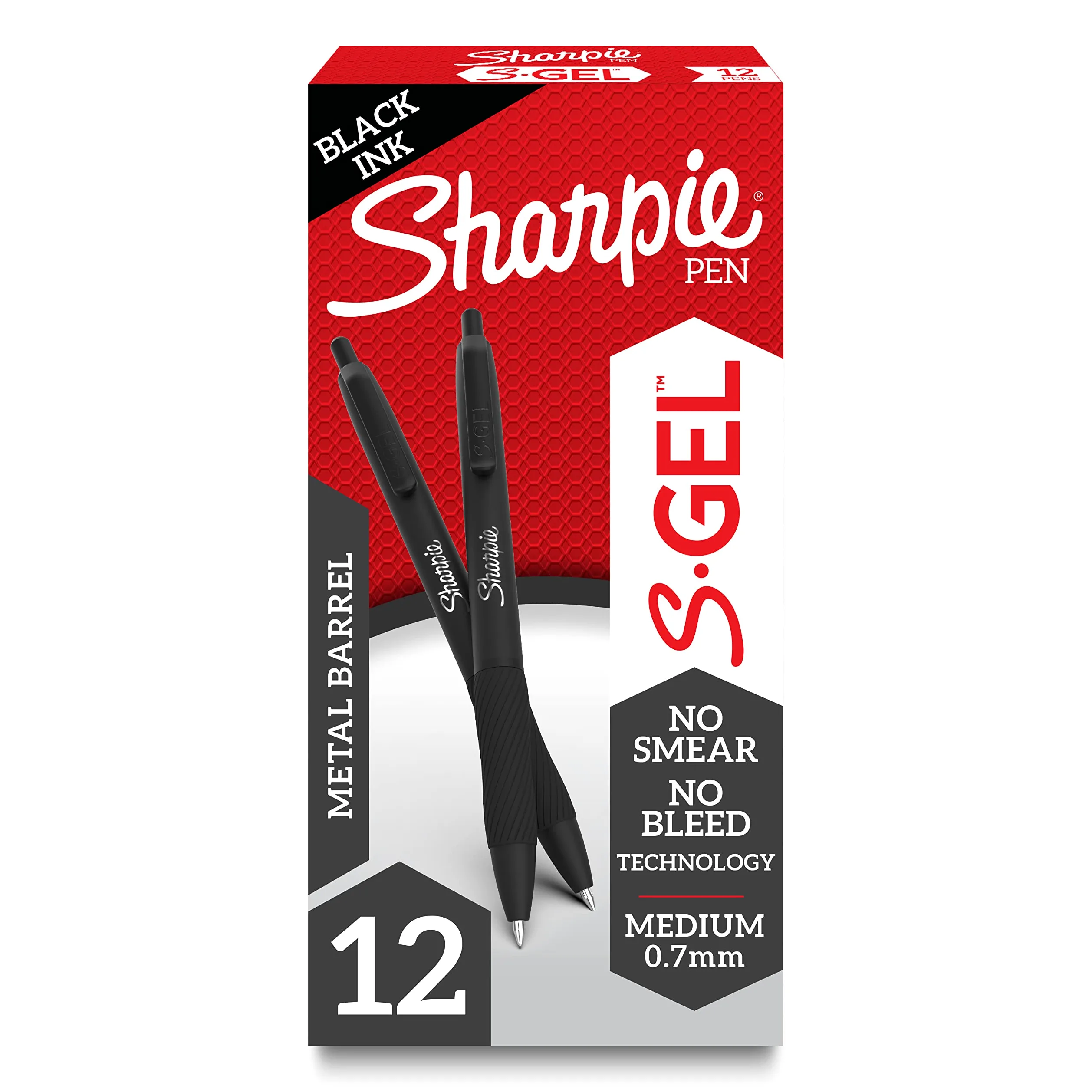 Sharpie S-Gel, penne gel, elegante fusto in metallo, nero opaco, punta media (0,7 mm), inchiostro nero, 12 pezzi