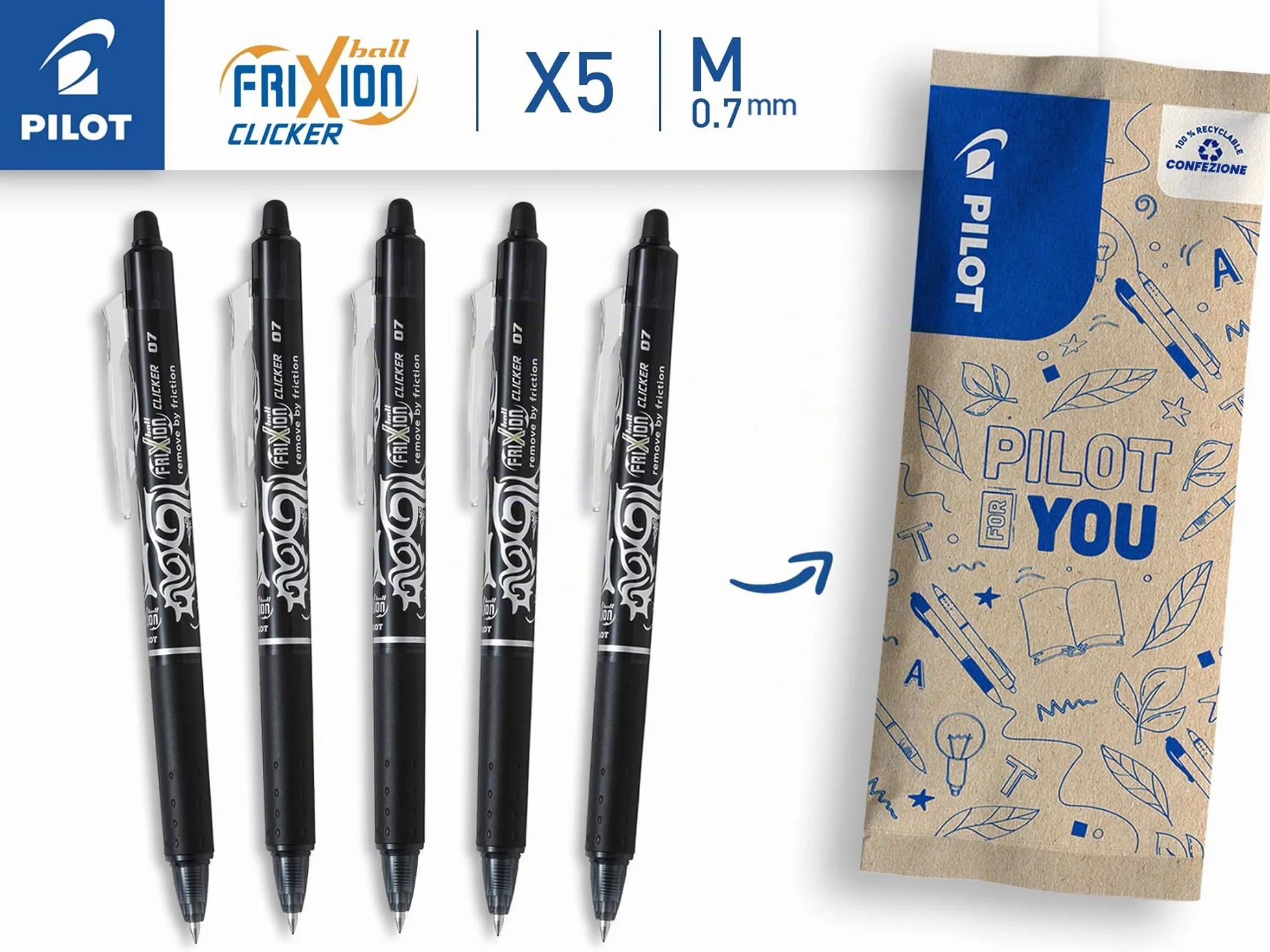 PILOT Frixion Clicker Penna Cancellabile al Calore Inchiostro Termosensibile Ricaricabile Plastica Riciclata Nero Tratto Medio Pacco da 5