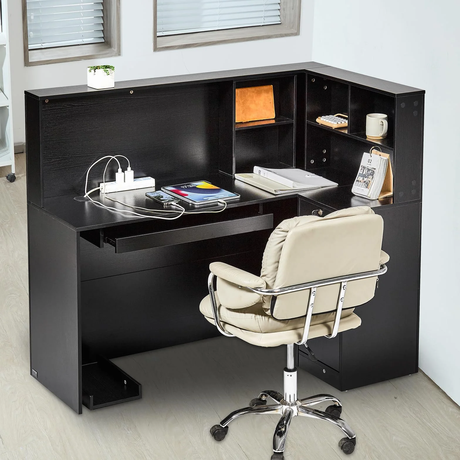 VEVOR Banco Reception 1600 x 600 x 1110 mm Tavolo da Banco Rettangolare, Tavolo di Vendita per Ufficio con Luce a LED, per Registratori di Cassa, Hall, Saloni di Bellezza e Uffici, Nero e Marrone