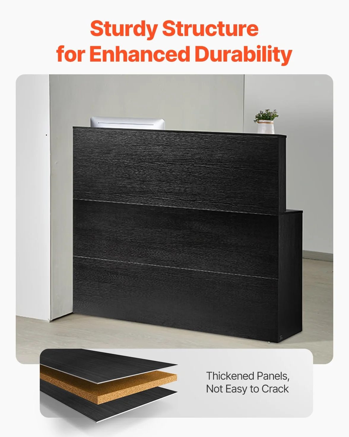 VEVOR Banco Reception 1600 x 600 x 1110 mm Tavolo da Banco Rettangolare, Tavolo di Vendita per Ufficio con Luce a LED, per Registratori di Cassa, Hall, Saloni di Bellezza e Uffici, Nero e Marrone