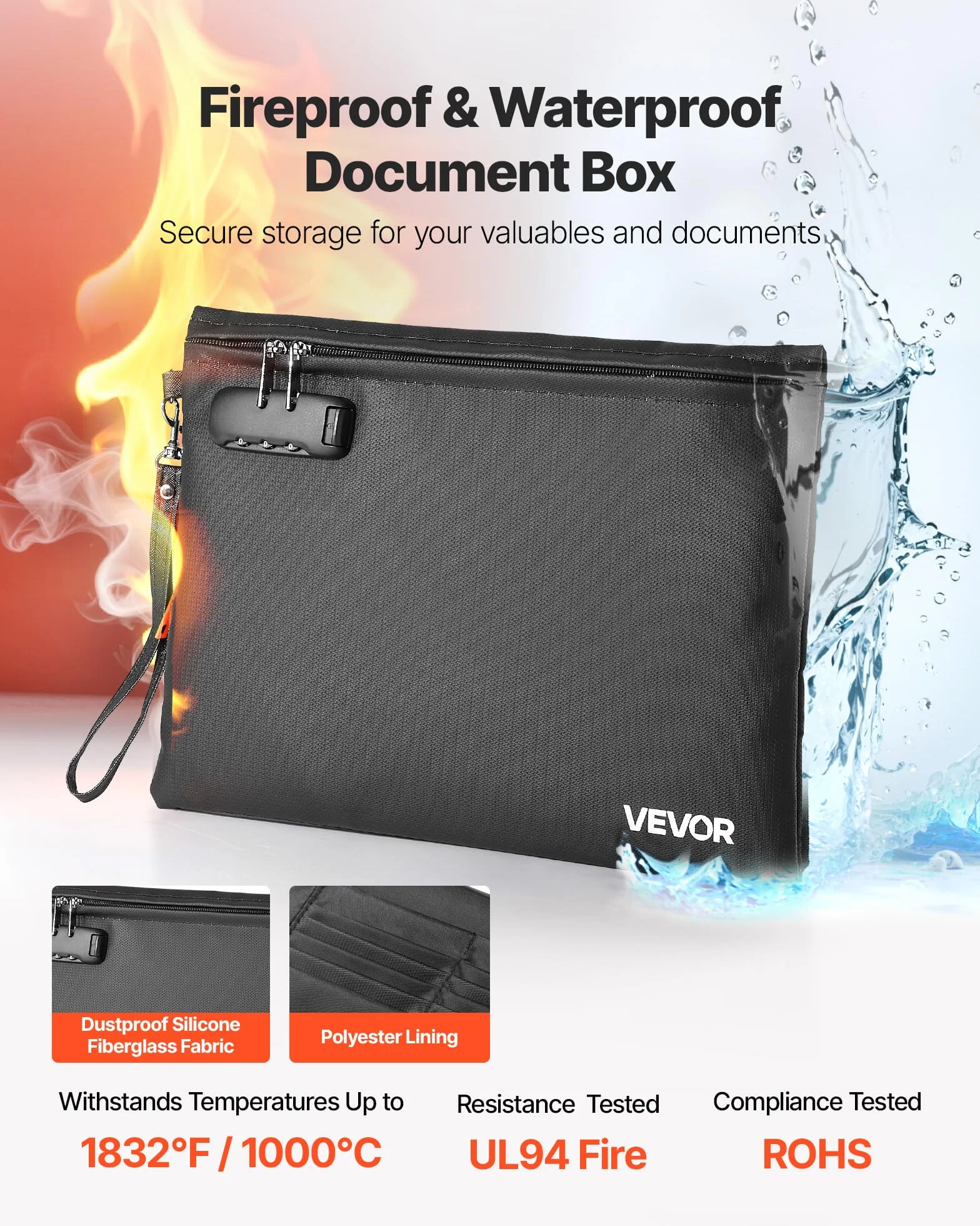 VEVOR Borsa Portadocumenti Ignifuga 1000°C Impermeabile con Lucchetto, Scatola Portatile per Documenti, Ufficio e Viaggi