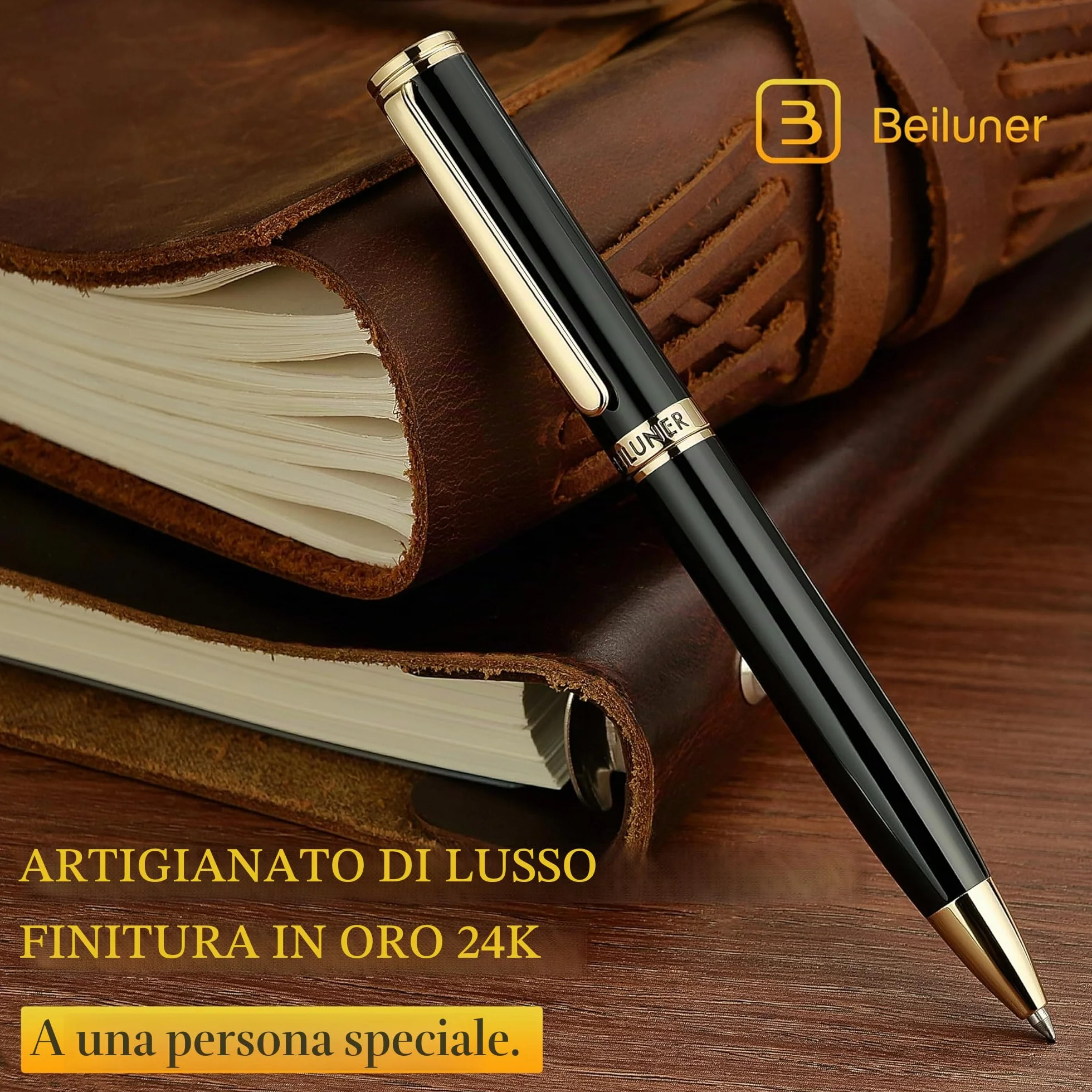 BEILUNER Penna a Gel Lusso con Finitura Oro 24K, Lacca Nera Piano, Artigianato di Classe, Miglior Set Regalo per Uomo/Donna, Professionale, Executive, Ufficio, Retrattile