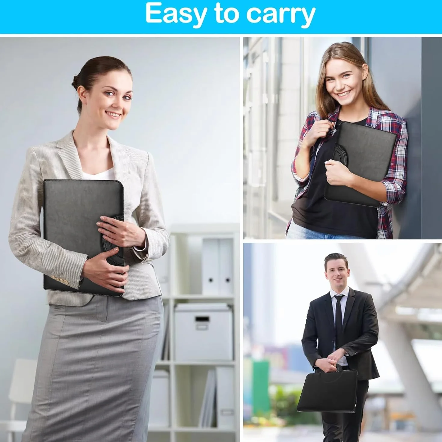 Cartella Portadocumenti A4 in Pelle con Calcolatrice e Cerniera, Portablocchi Organizer – Nero