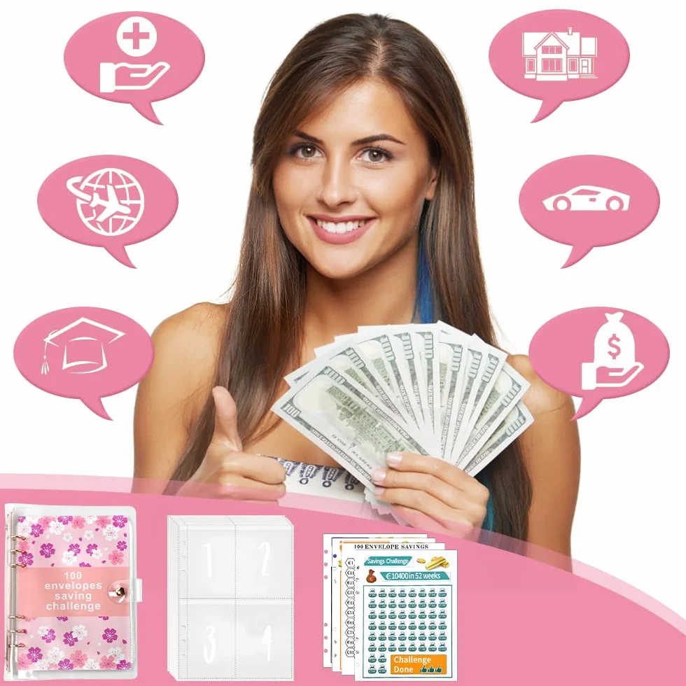 A5 Raccoglitore per Risparmiare Denaro con Buste Trasparenti, Diario Money Saving, Risparmio Divertente €10000/€5050/€500 - Rosa