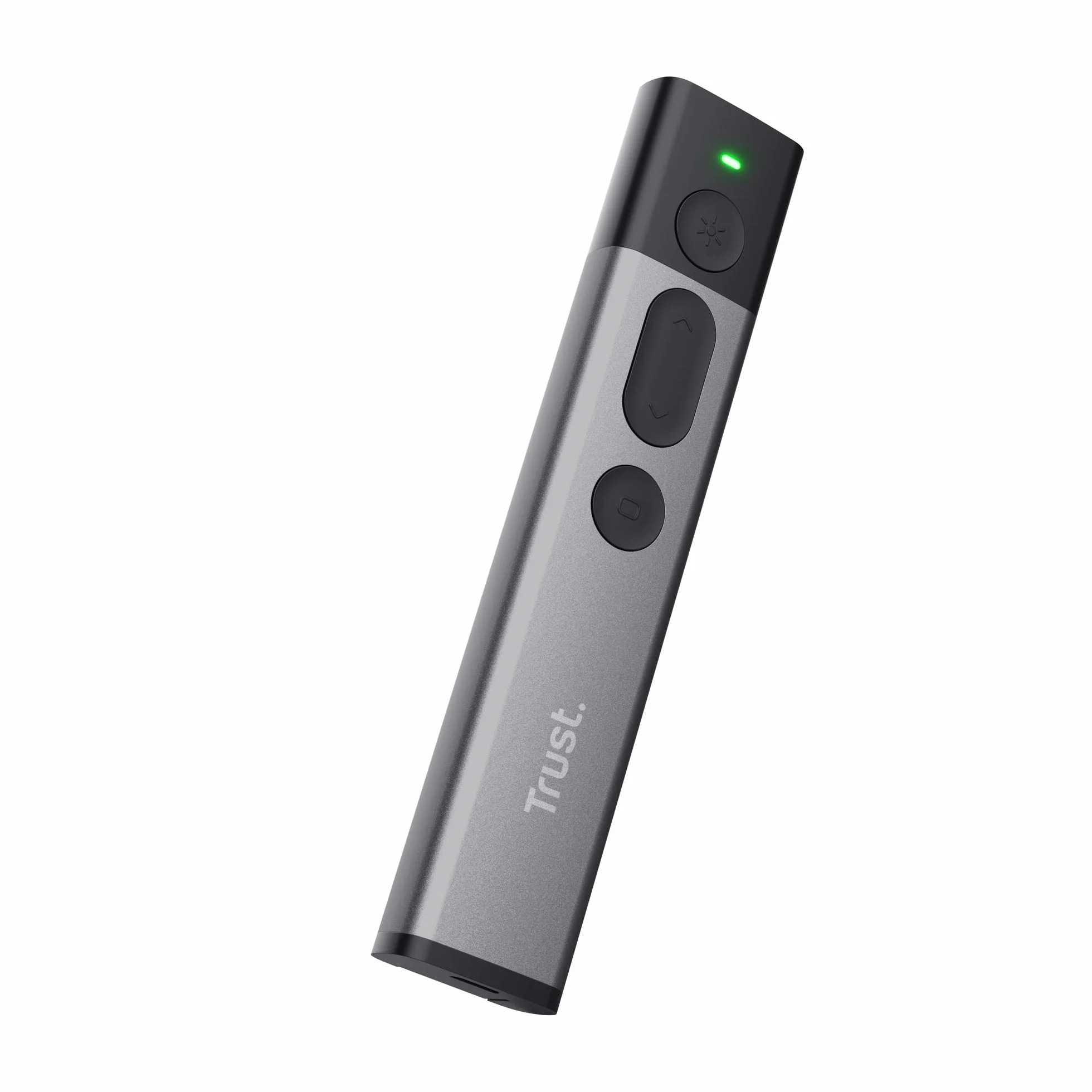 Trust Kazun Dispositivo per Presentazioni Wireless, Design Moderno Ultrasottile, Portata del Segnale Wireless 30 metri, 4 Funzioni PowerPoint, Porta USB, Windows 10, 11, Grigio