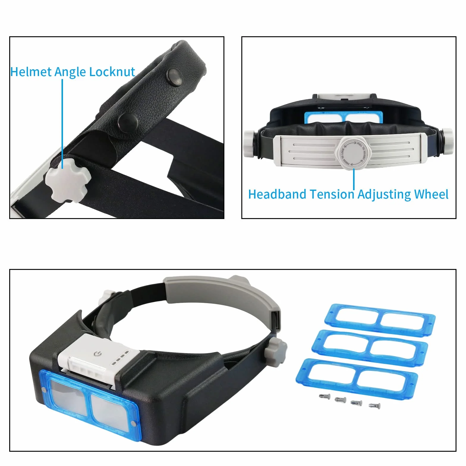 Lente d'ingrandimento ricaricabile montata sulla testa con luce LED, fascia doppia lente illuminata lente d'ingrandimento da lettura Lente d'ingrandimento per gioielli Lente di ingrandimento