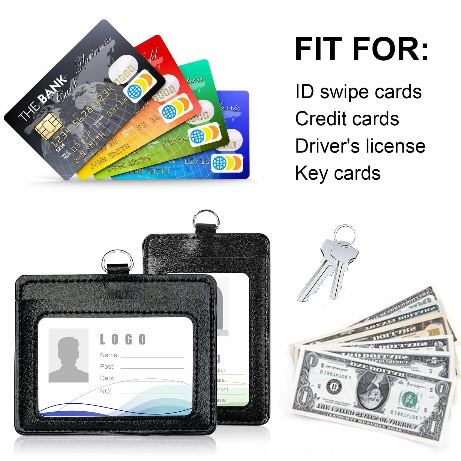 Vicloon Porta badge in pelle PU 2 pezzi con finestra trasparente per ID e slot carte credito cordino staccabile nero verticale orizzontale