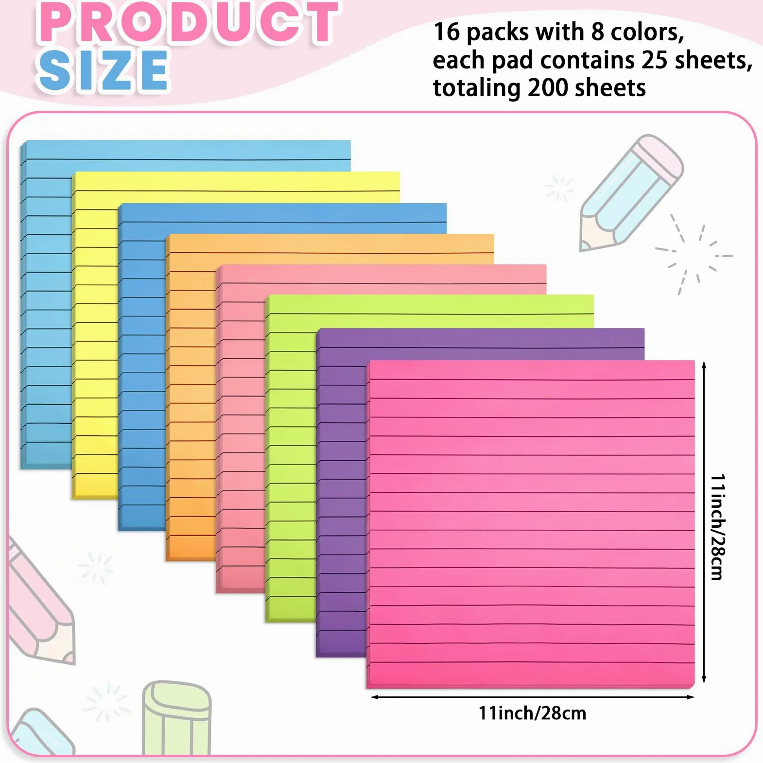 16 blocchetti di foglietti adesivi grandi con righe, 28,9 x 28,9 cm, formato grande, formato grande, per appunti e pareti, 25 fogli/blocco (8 colori)
