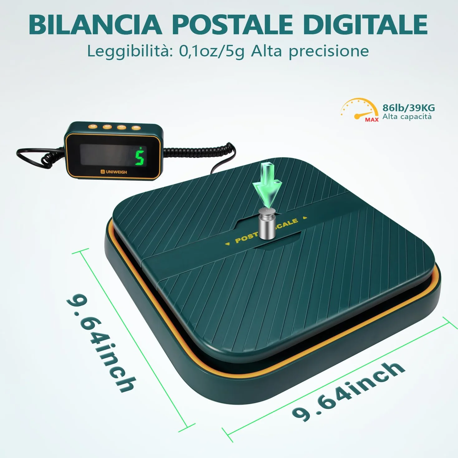 UNIWEIGH Bilancia postale digitale per pacco, 86 lb/0,1 oz per pacco-funzione di mantenimento e tara, bilancia di affrancatura, supporto pieghevole per bilancia postale, include batterie e cavo USB