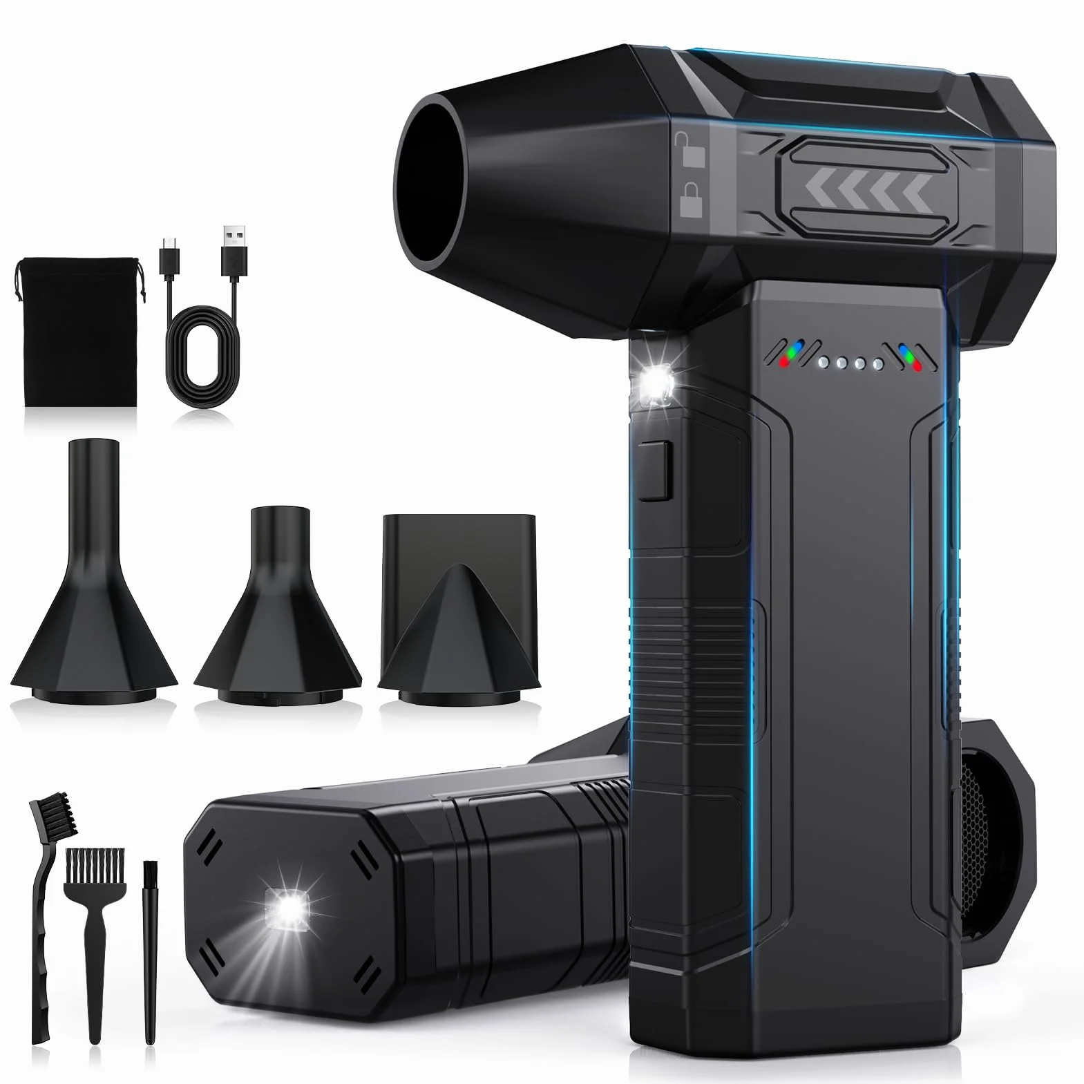 4-IN-1 Aria Compressa, Elettrico Air Duster, 200000RPM Pressione MAX 300g, Super Potere Soffiatore Aria Compressa Spray con Luce LED, per il Computer All'aperto Casa Materasso ad aria