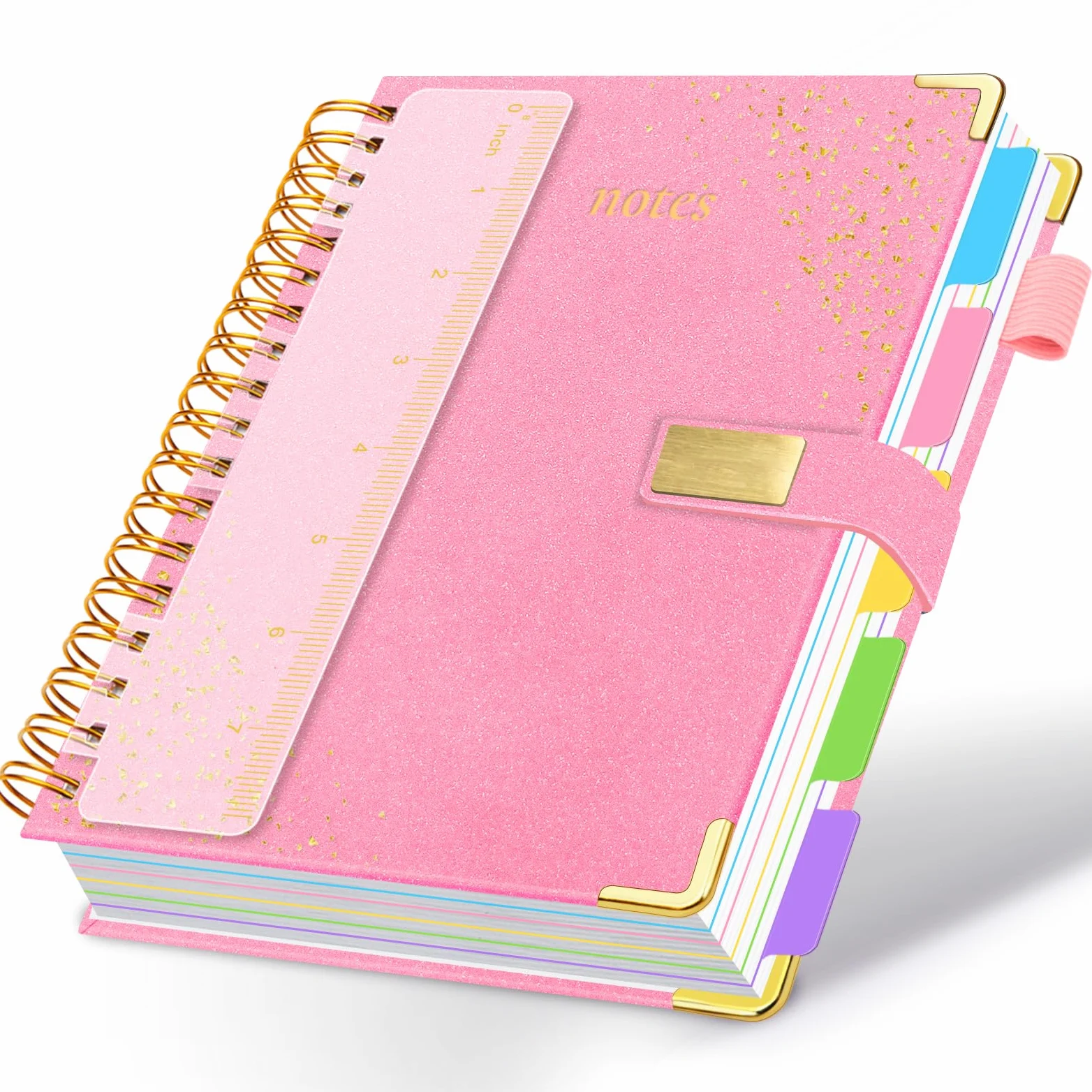 Taccuino a spirale 15,2 x 20,2 cm, 5 soggetti con divisori, 300 pagine, a righe con chiusura magnetica, quaderni a schede A5 per lavoro, scuola, diario scintillante per donne (rosa)