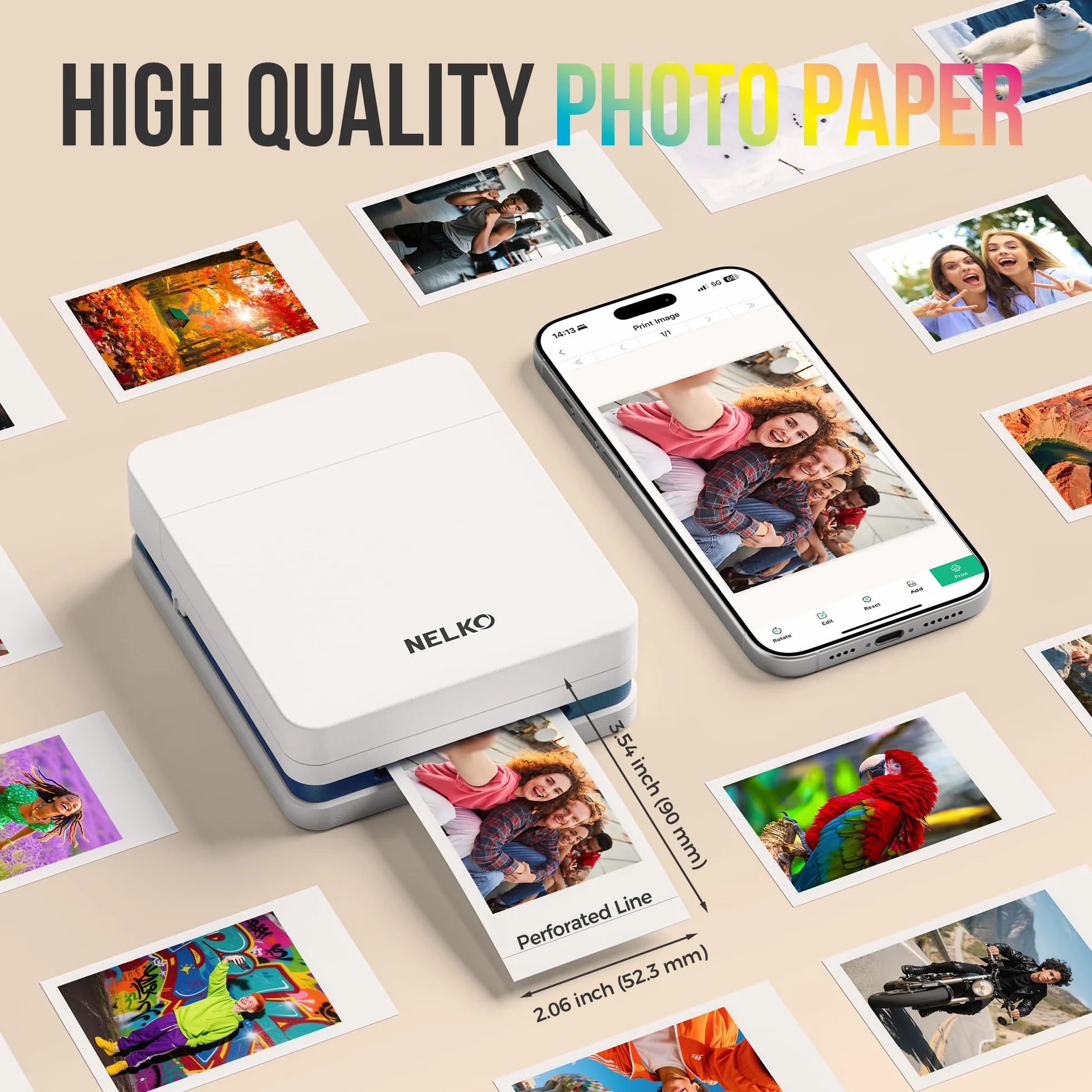 Nelko Carta Fotografica Premium 52.3x90mm 100 Fogli con Retro Adesivo per Stampante Tascabile PP01