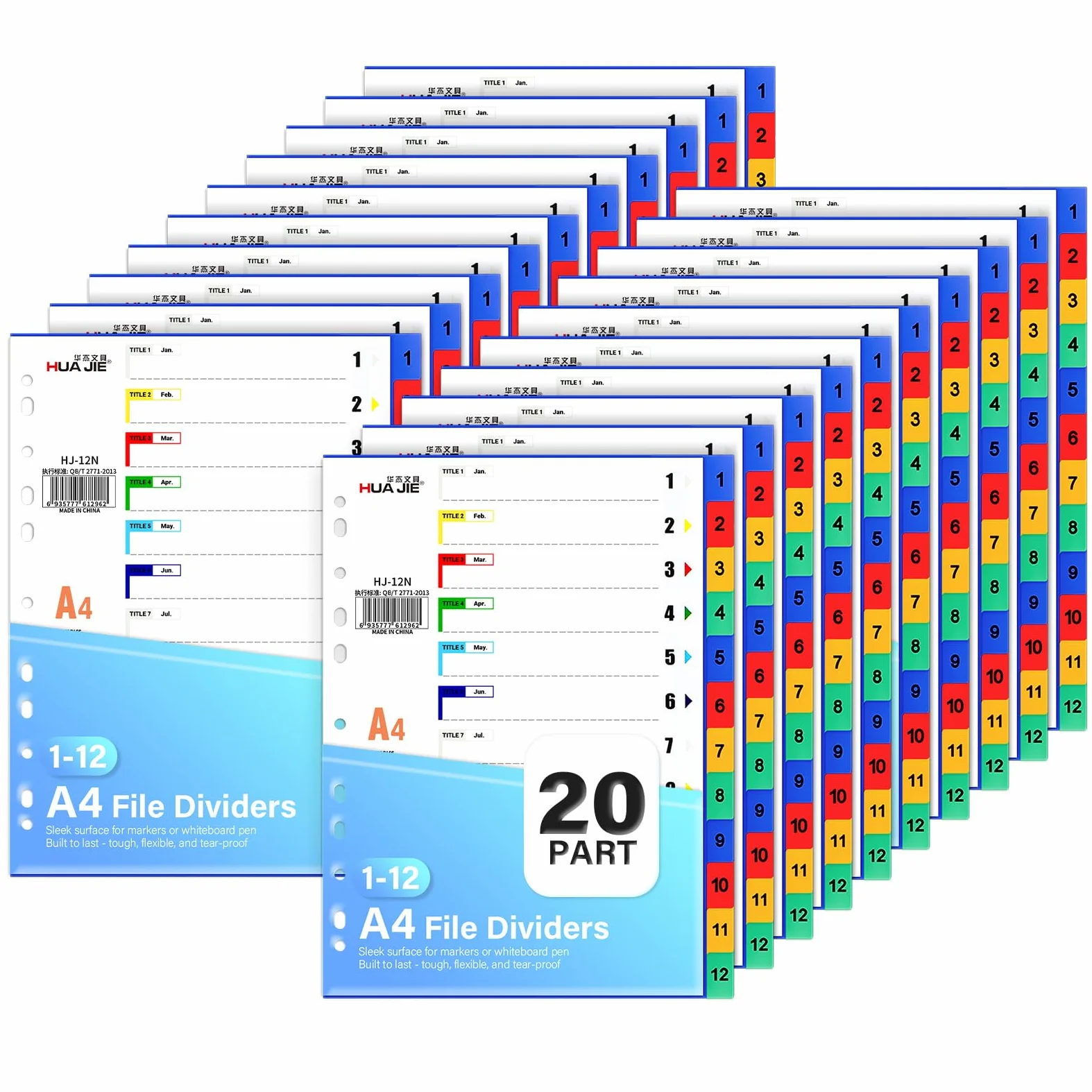 Divisori per raccoglitori A4 da 1 a 12 con indice del contenuto, divisori in plastica a 11 fori, linguette multicolore per raccoglitori ad anelli e raccoglitori a leva, ideali per ufficio e