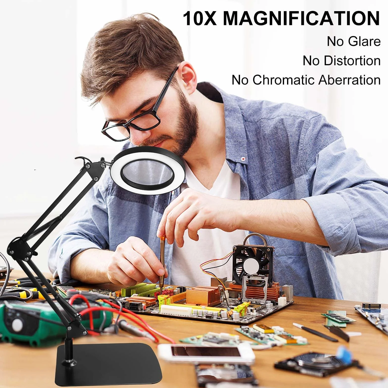 UCAMP Lampada con Lente di Ingrandimento Professionale,10x Lente di Ingrandimento con Luce,Lampada ingrandimento per Lettura,Riparazione,Artigianato,3 Modalità Colore,10 di Luminosità